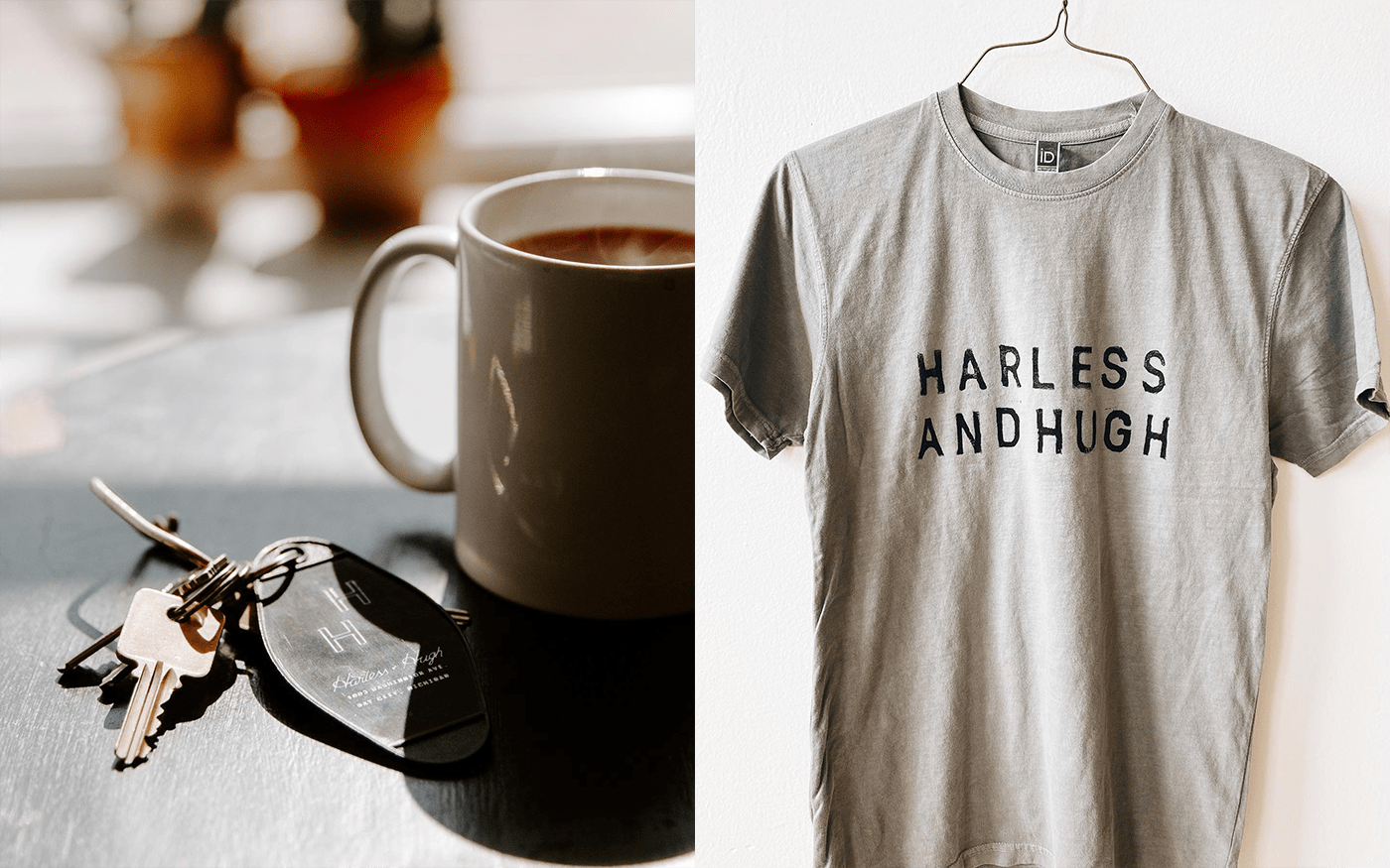 Split image — mug of drip coffee with car keys on a table; gray Harless and Hugh t-shirt hanging on a hanger