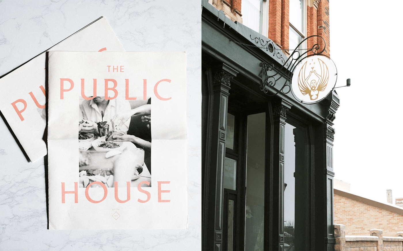 Split image — crumpled The Public House printed paper bag; exterior storefront with brass cursive sign and lotus icon visible on brick building