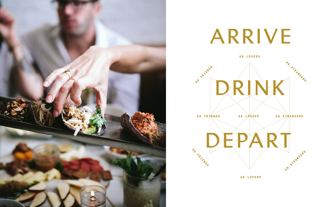 Split image — hand selecting from a charcuterie board; Arrive Drink Depart typographic layout with circular ring text