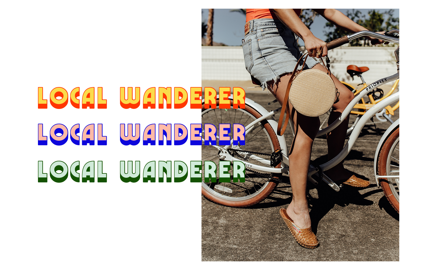 Local Wanderer name in multi-color retro rainbow letters beside a lifestyle photo of a person with a beach cruiser and round bag