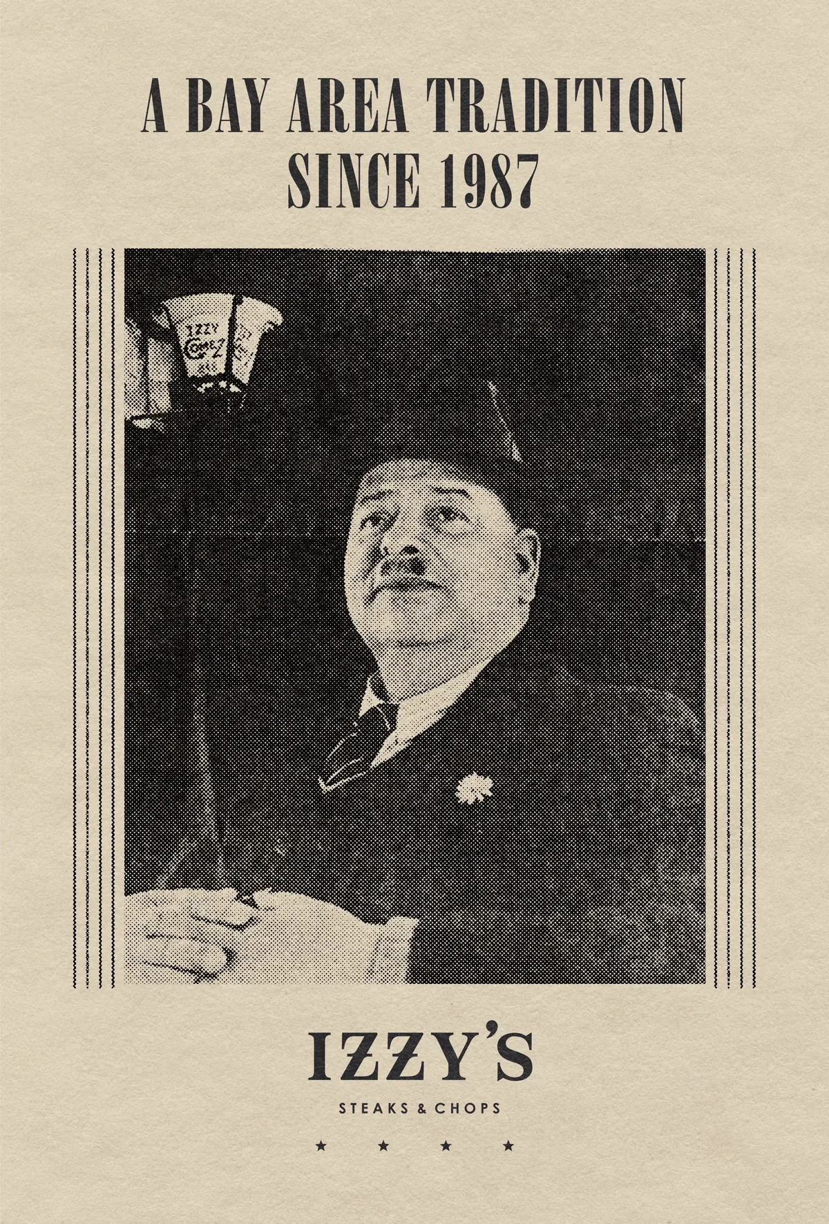 Izzy's Steaks & Chops newspaper-style promo card — 'A Bay Area Tradition Since 1987' with vintage photo of Izzy