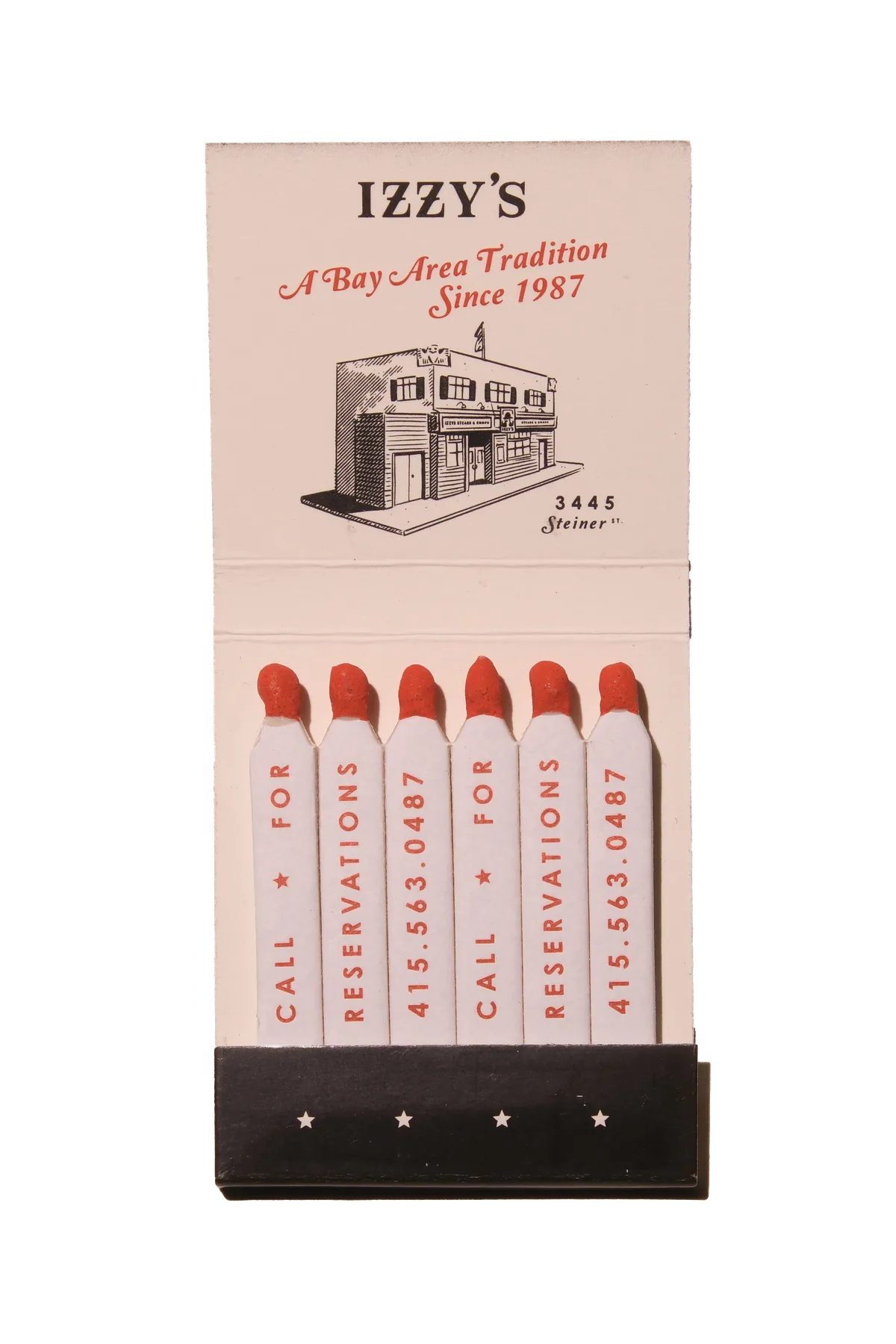 Open Izzy's matchbook showing matches printed with 'Call for Reservations 415.563.0487' and building illustration