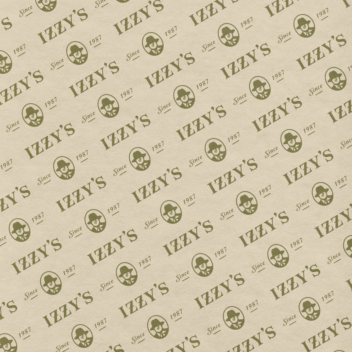 Diagonal repeat pattern of the Izzy's wordmark and portrait icon in olive green on tan