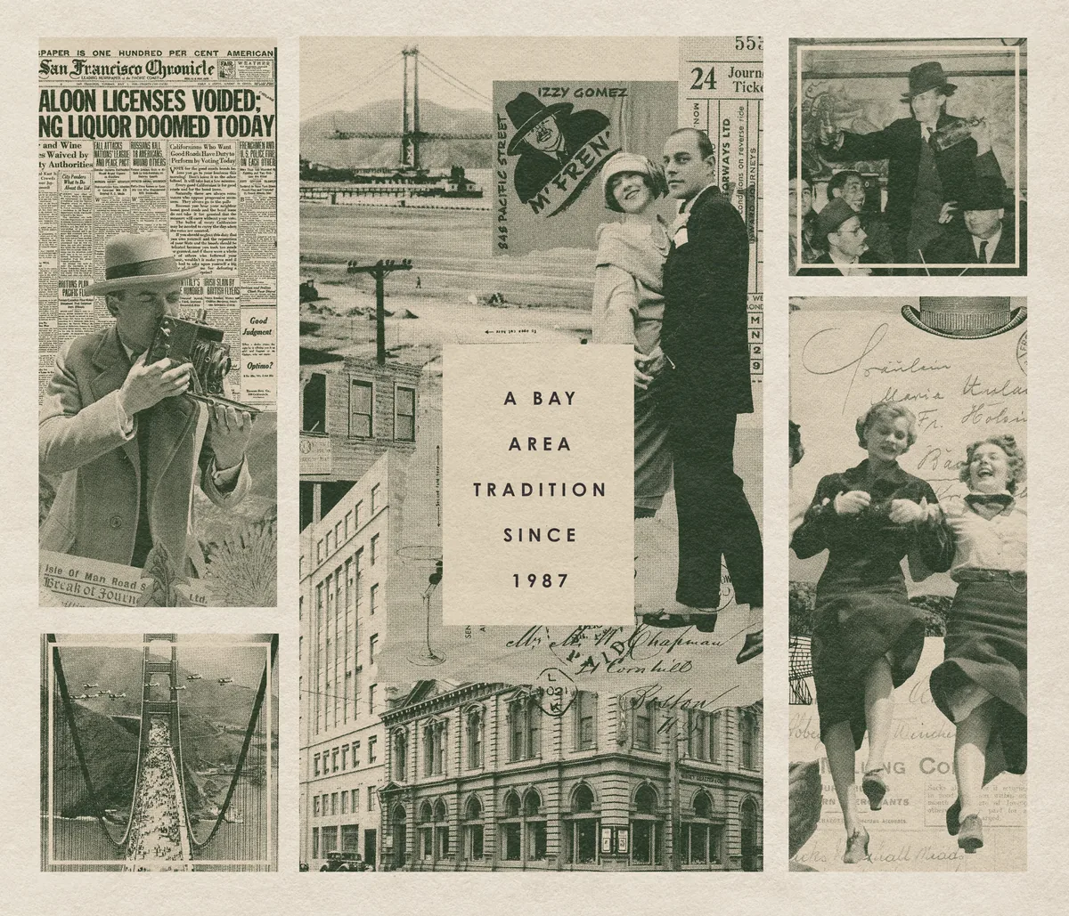 Collage of vintage San Francisco imagery and Izzy's branding — newspaper clippings, Bay Area photos, and mid-century ephemera