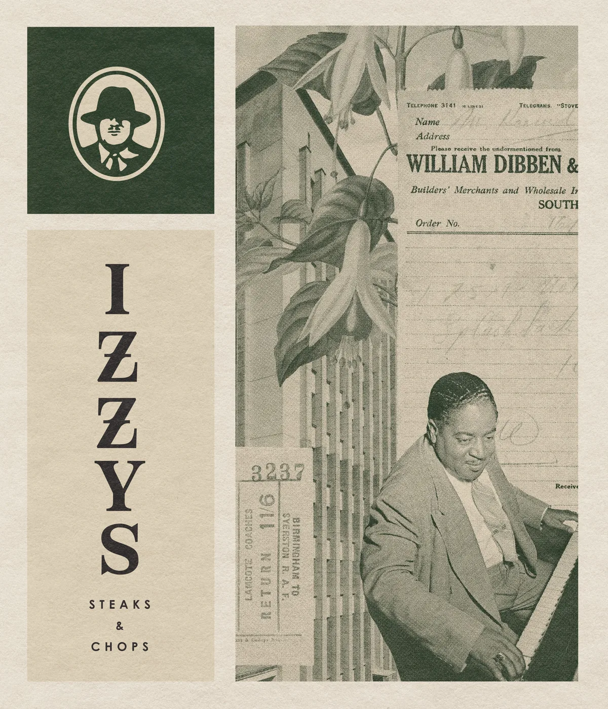 Izzy's brand collage — logo and 'Steaks & Chops' wordmark stacked, with vintage newspaper and ephemera imagery