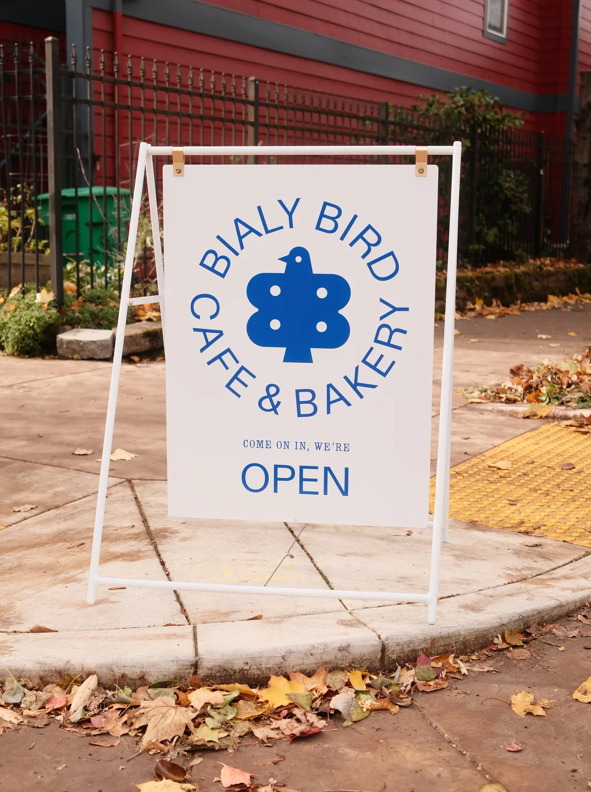 Bialy Bird A-frame sidewalk sign with brand logo
