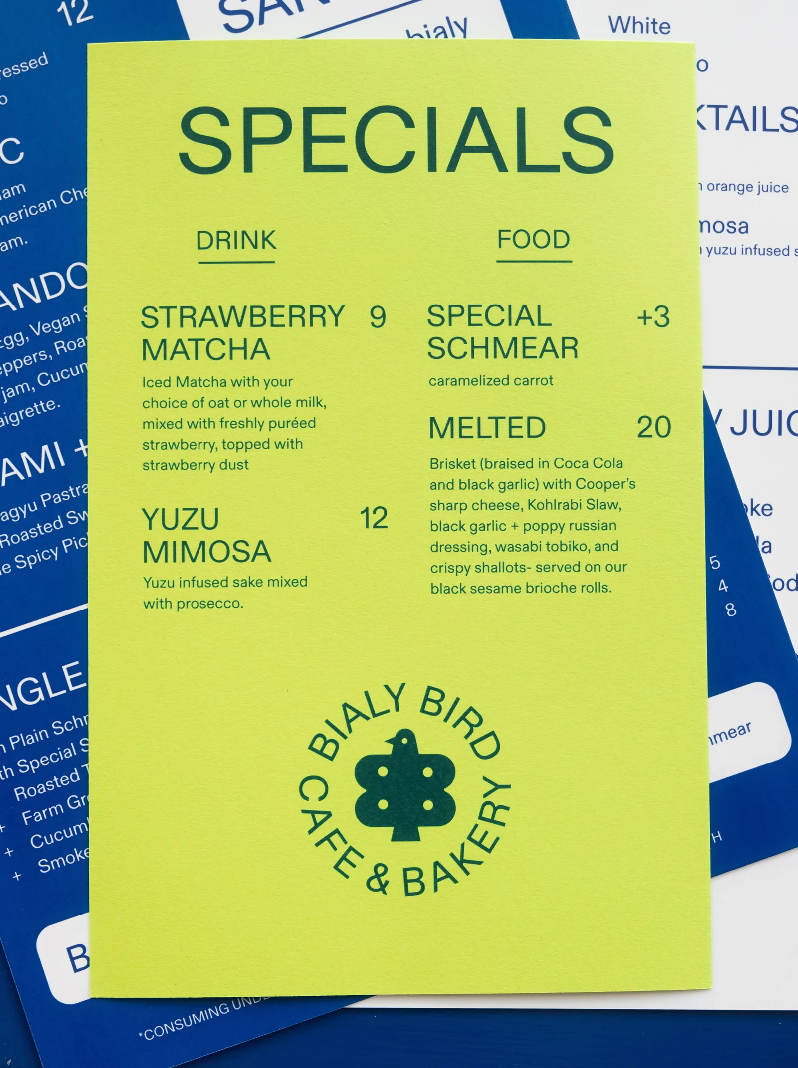 Bialy Bird daily specials board or card
