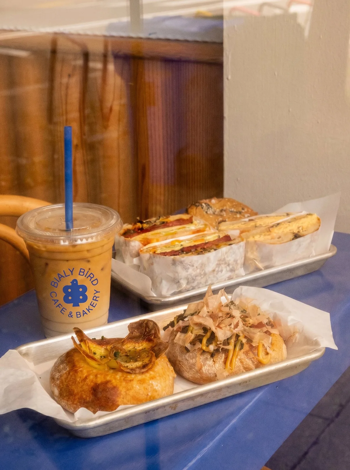 Bialy Bird food shot through the cafe window