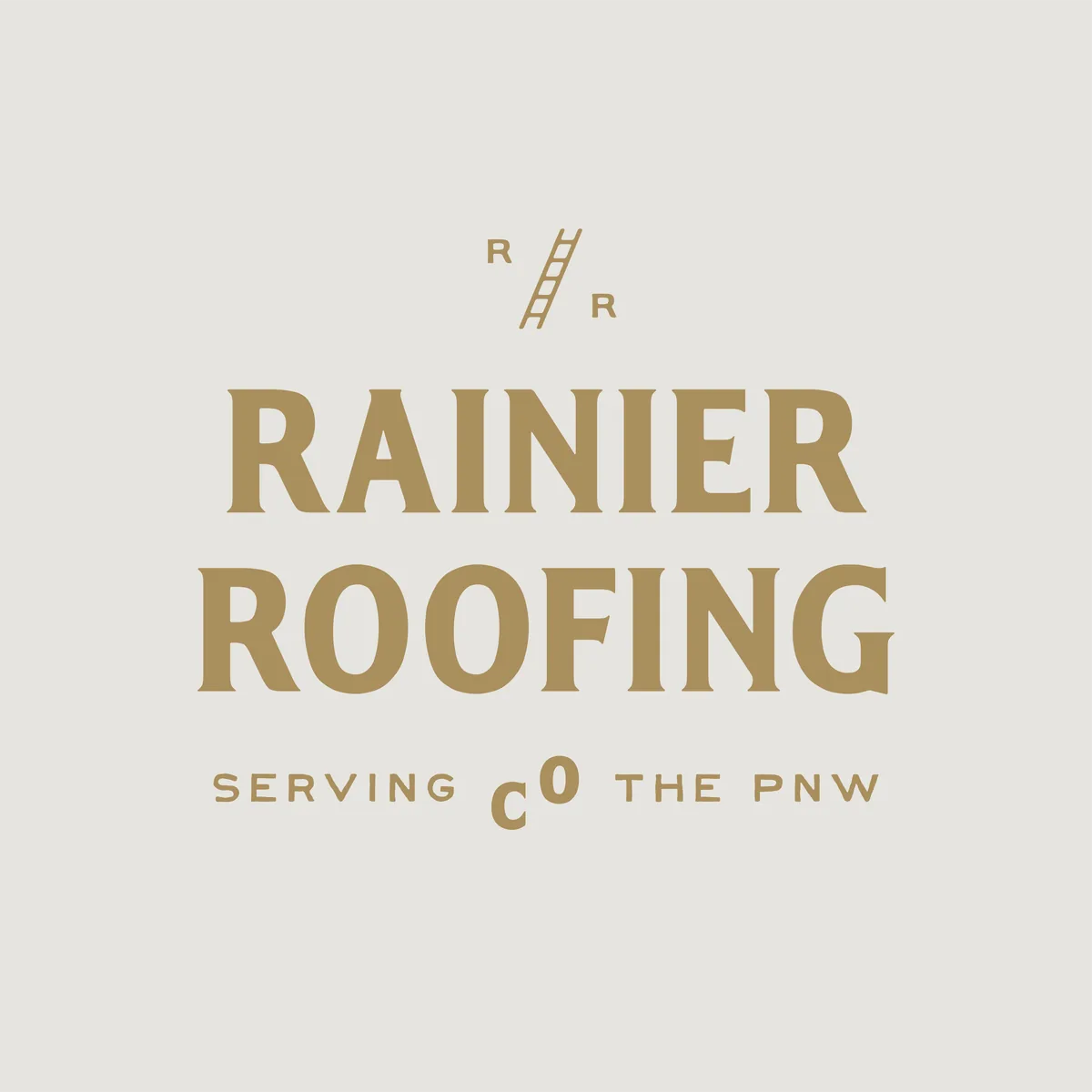Rainier Roofing Co. wordmark logo — bold gold serif type with ladder icon, 'Serving Co. the PNW' on cream