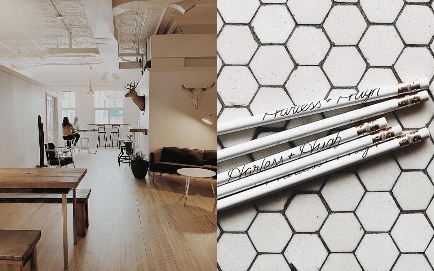 Split image — bright airy coffee shop interior with wood tables; two pencils with Harless and Hugh script on a hexagonal tile surface