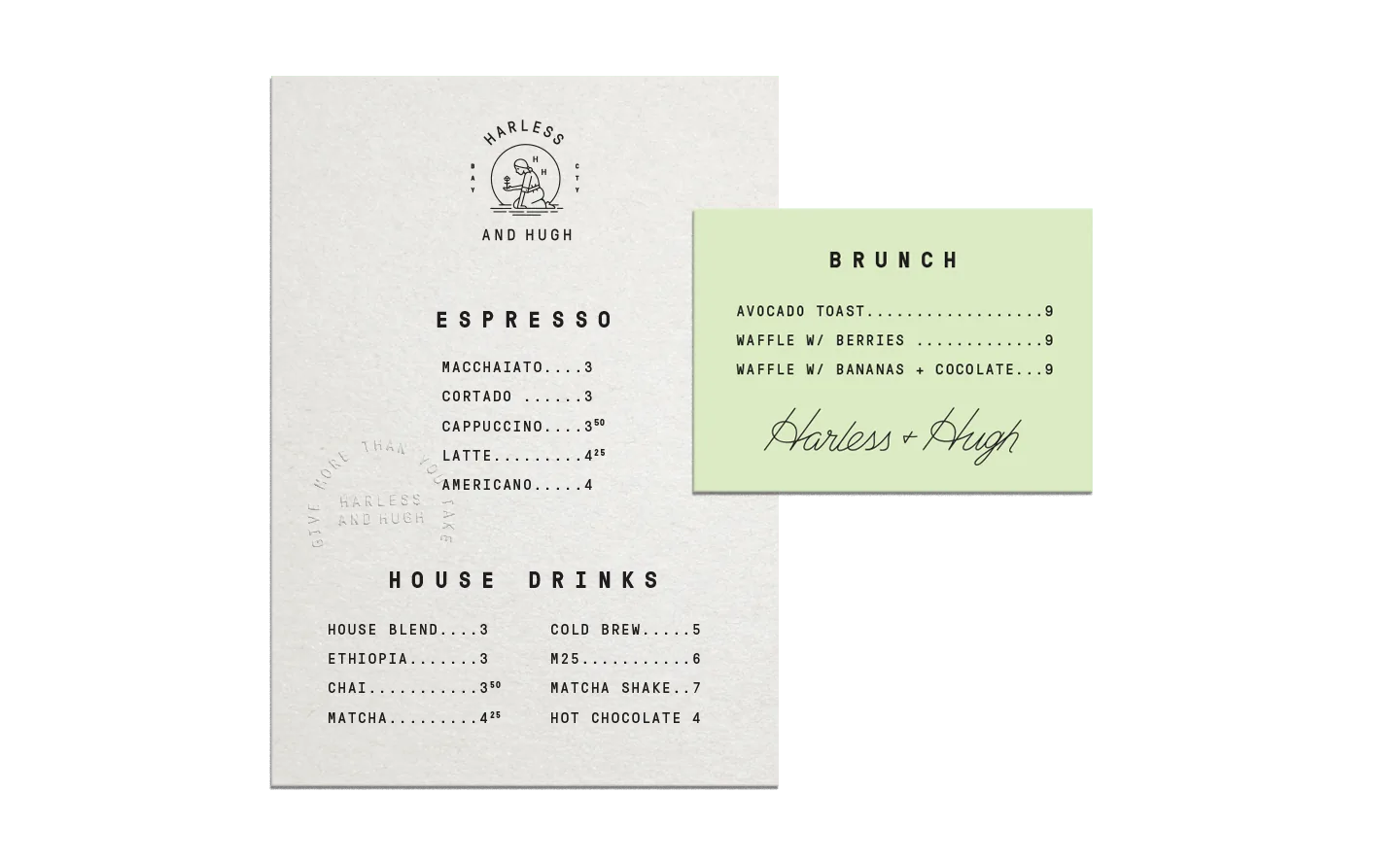 Harless and Hugh espresso menu card and brunch menu card side by side — coffee drinks list and brunch items with logo