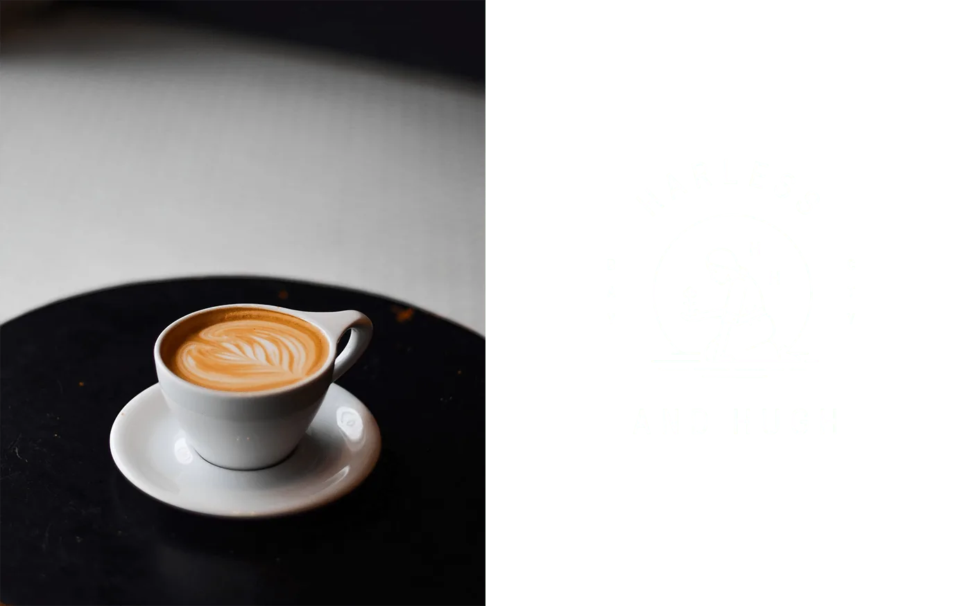 Split image — latte art in a white cup on a dark cafe table; Harless and Hugh thin-line goddess illustration logo