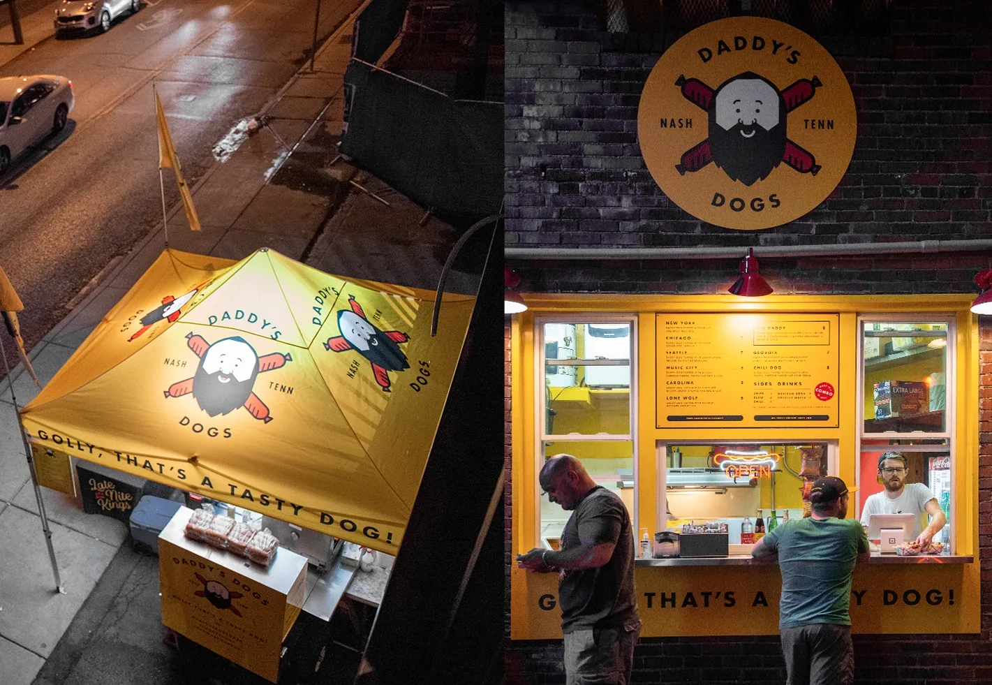 Split image — aerial view of Daddy's Dogs yellow branded tent on a city street at night; outdoor order window with lit menu board