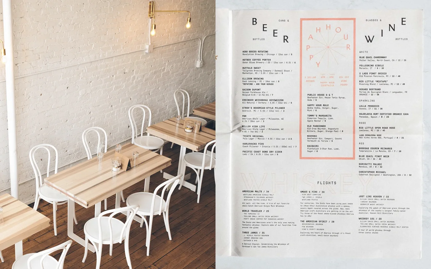 Split image — bright white minimalist dining room with long wooden tables; full Public House food and cocktail menu spread open
