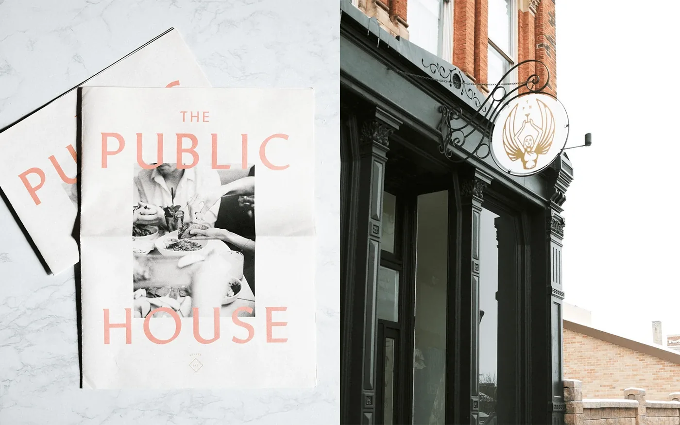 Split image — crumpled The Public House printed paper bag; exterior storefront with brass cursive sign and lotus icon visible on brick building