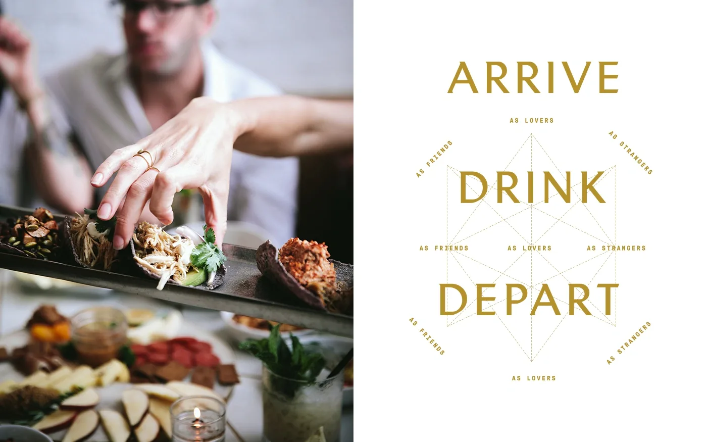 Split image — hand selecting from a charcuterie board; Arrive Drink Depart typographic layout with circular ring text
