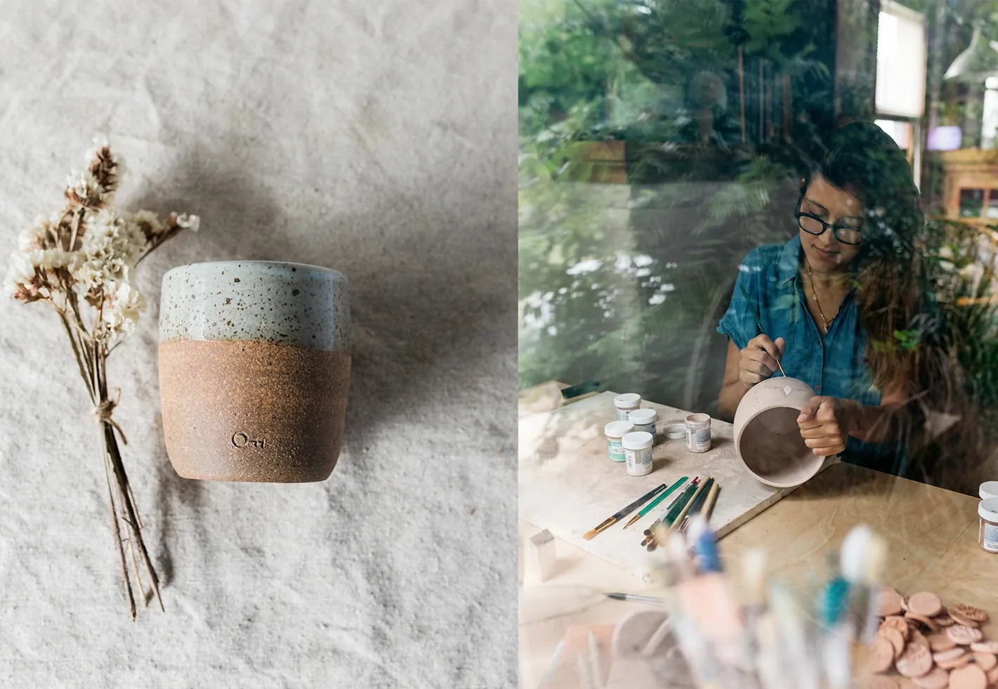 Split image — De Melo speckled ceramic cup beside dried flowers on linen; ceramic artist painting a cup at a workshop table