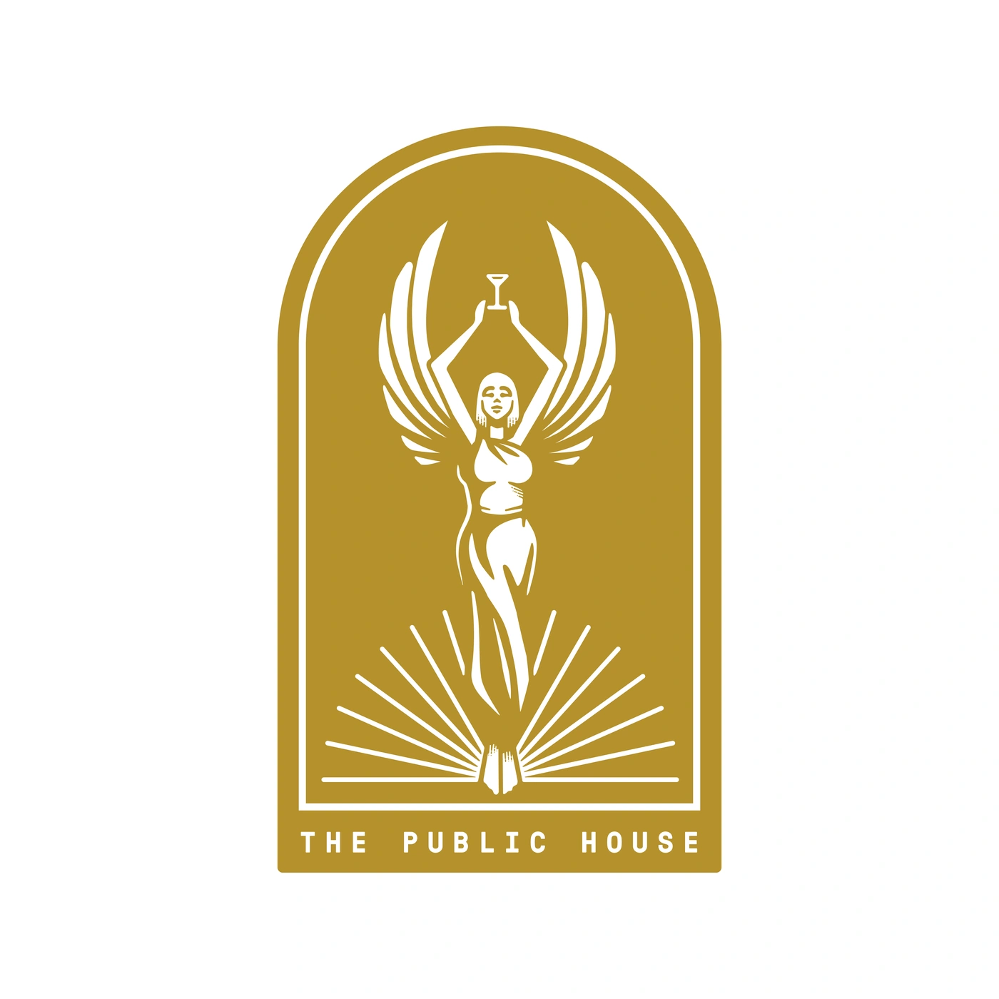 Gold arch badge with The Public House winged goddess figure holding a cocktail glass aloft with radiating sunburst below
