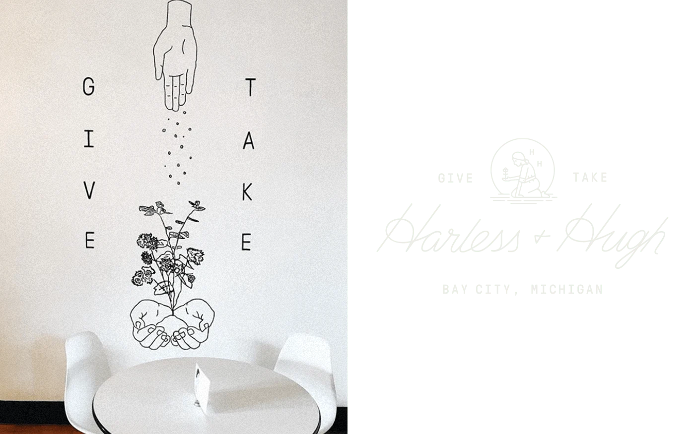 Split image — Give and Take illustrated mural with plants on a white wall; Harless and Hugh Give and Take Bay City Michigan logo