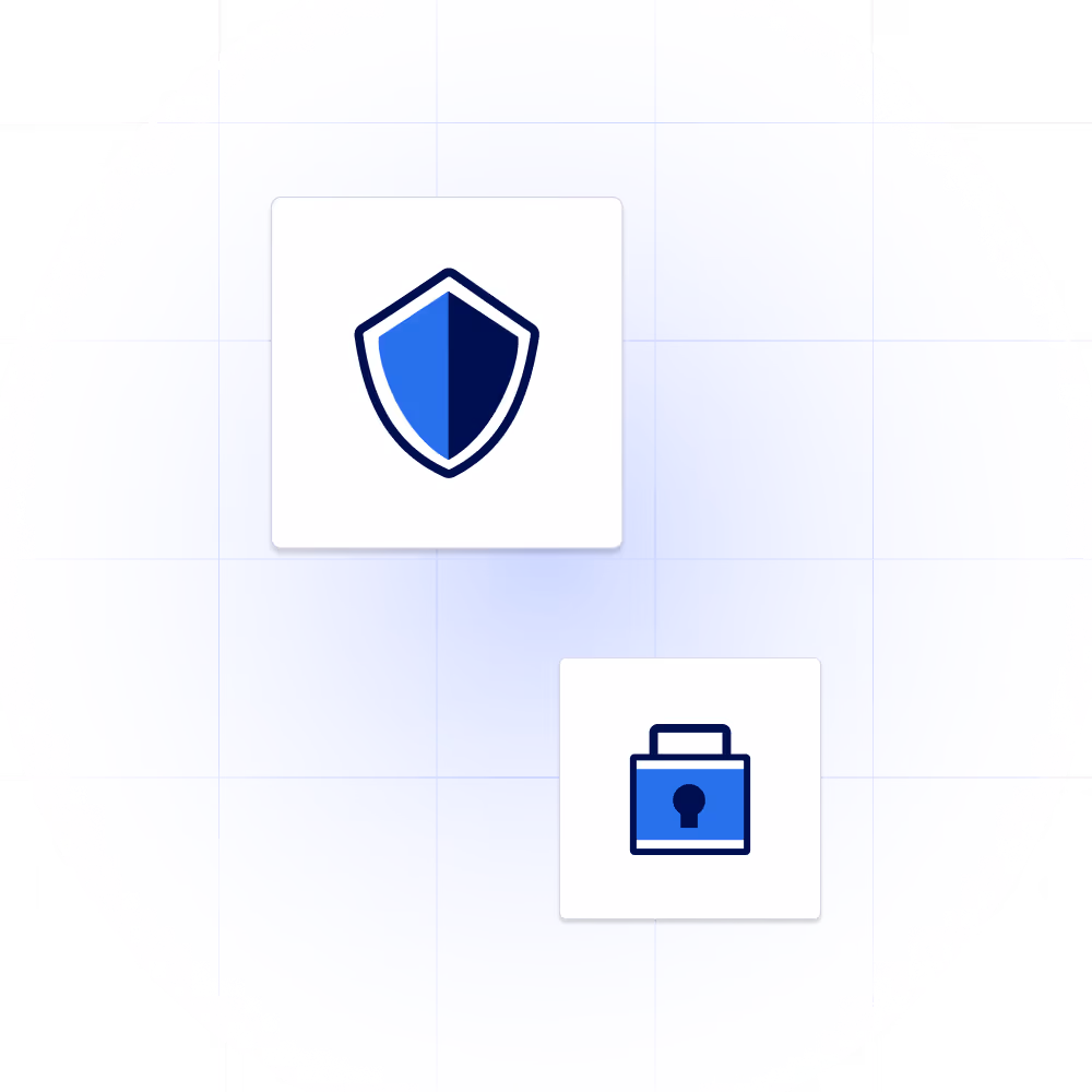Two icons on a light blue circular gradient background: a shield divided in blue tones and a locked padlock in blue tones.