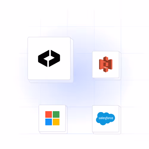 Four floating cubes displaying logos: a black code symbol, red AWS S3, Microsoft Windows colors, and Salesforce blue cloud.
