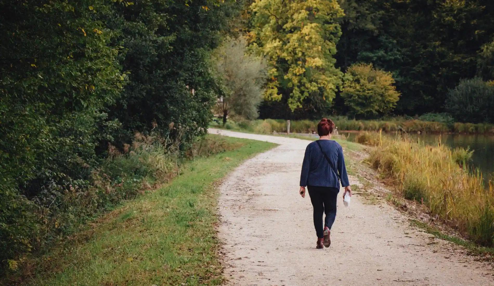 Une dame de dos, elle marche dans une allée bordée d'arbres.