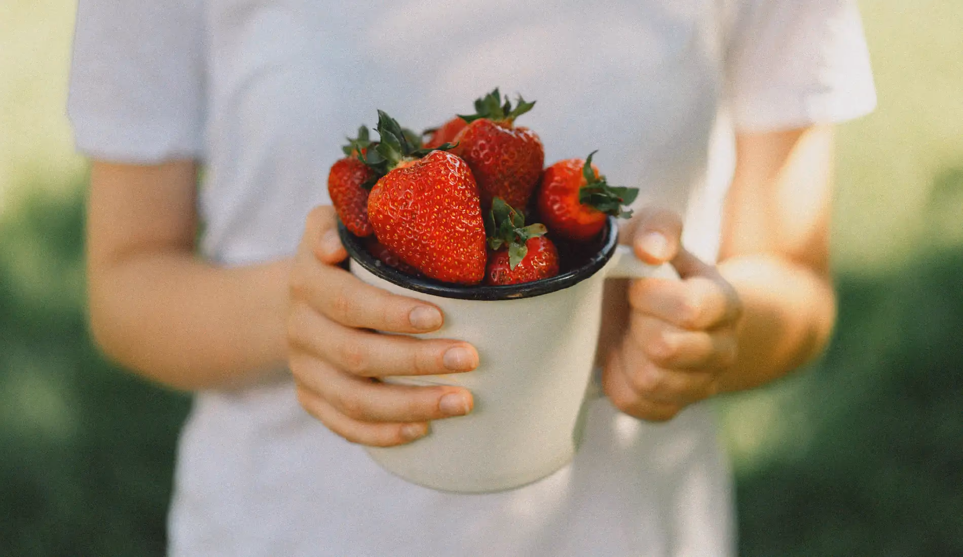 Une personne vêtue d'un t-shirt blanc et dont on ne voit pas le visage tient un bocal plein de fraises.