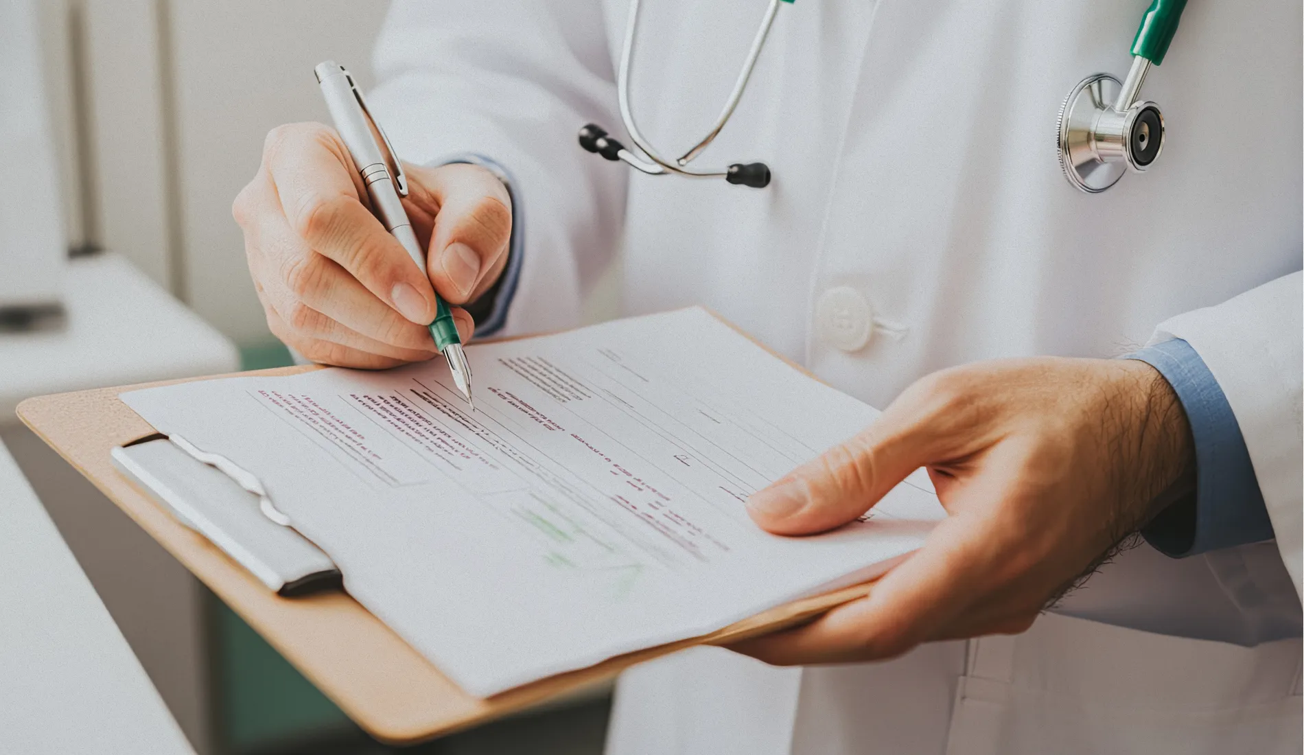 Un médecin en train de renouveler une ordonnance.