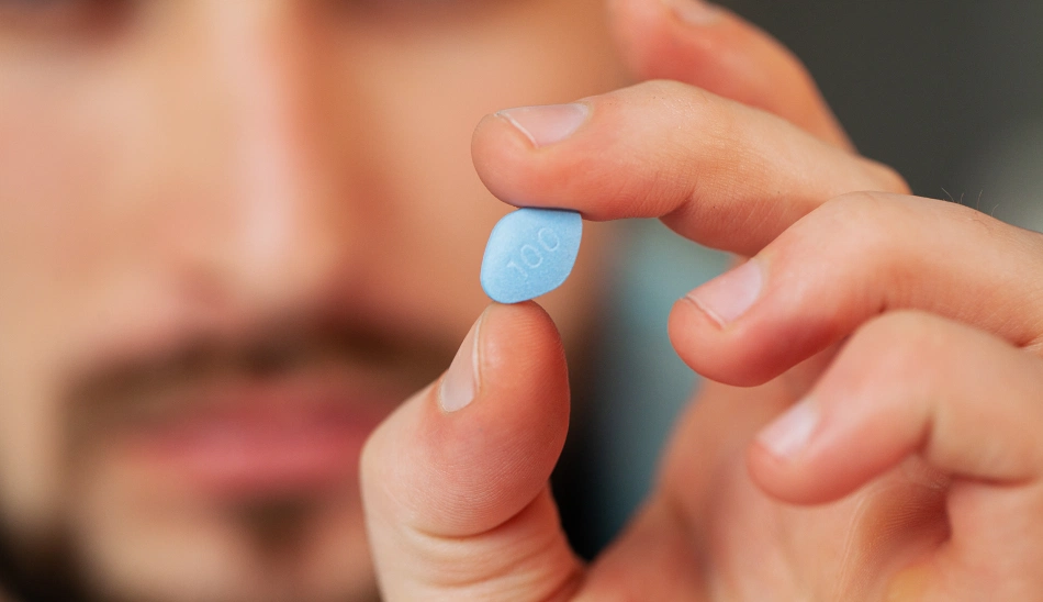 Zoom sur un comprimé de viagra tenu par un homme, signe de l'intérêt d'obtenir du sildénafil en cas de dysfonction érectile