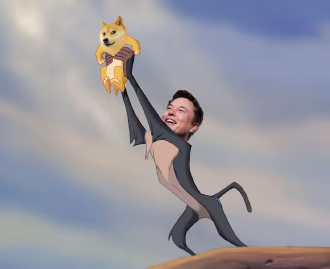 Uma montagem de Elon Musk segurando um cachorro da raça Shiba Inu como em Rei Leão