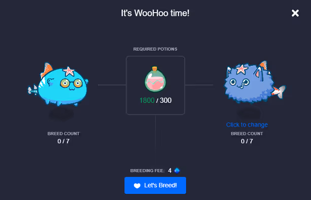 tela de procriação do jogo axie infinity - SLP usado para a reprodução de axies