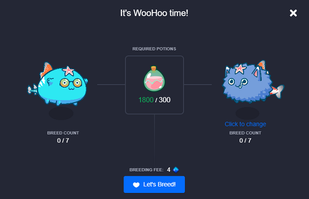 tela de procriação do jogo axie infinity - SLP usado para a reprodução de axies