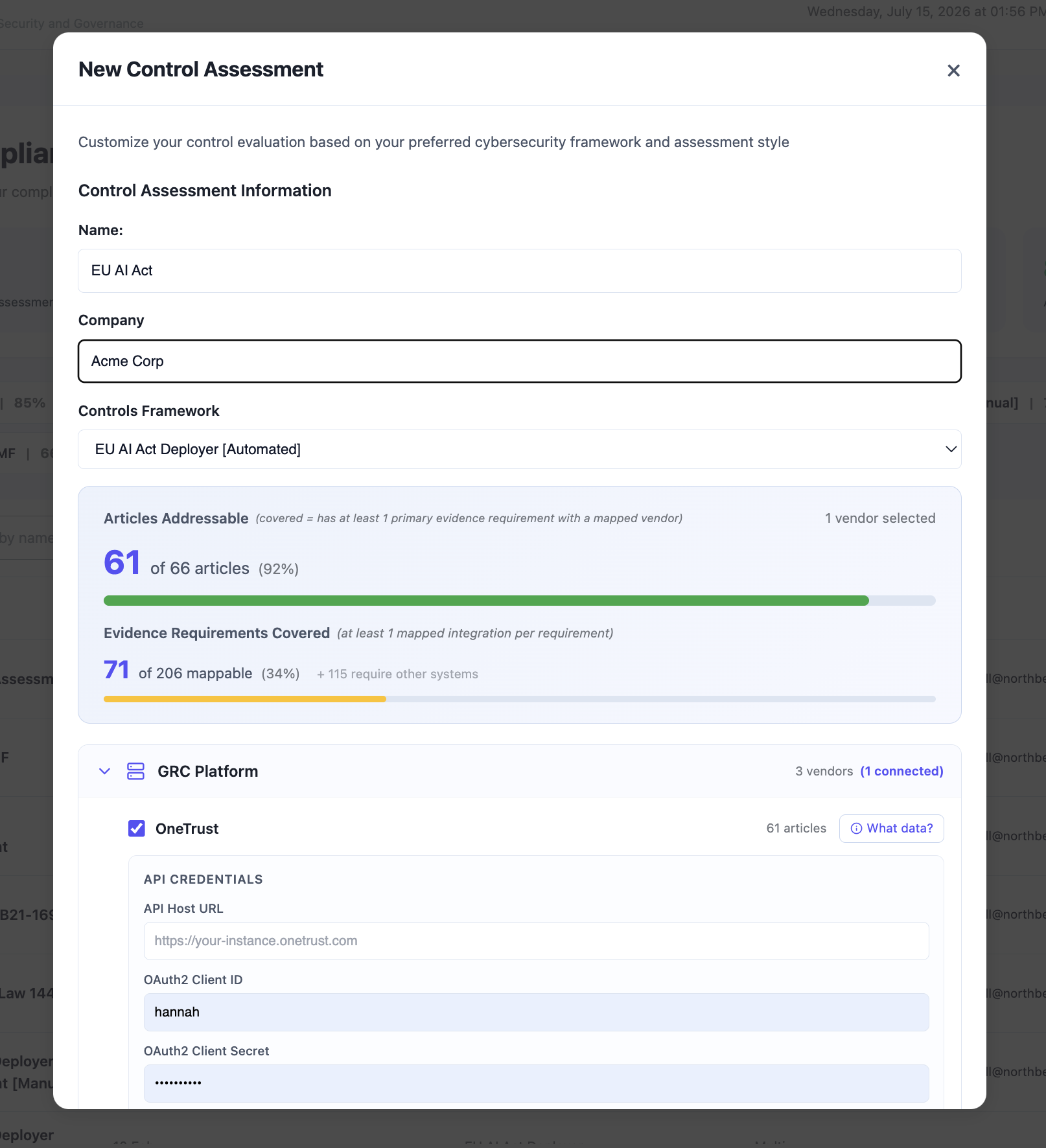 EU AI Act automated assessment showing 61 of 66 articles addressable and 71 of 206 evidence requirements mappable to a connected GRC platform