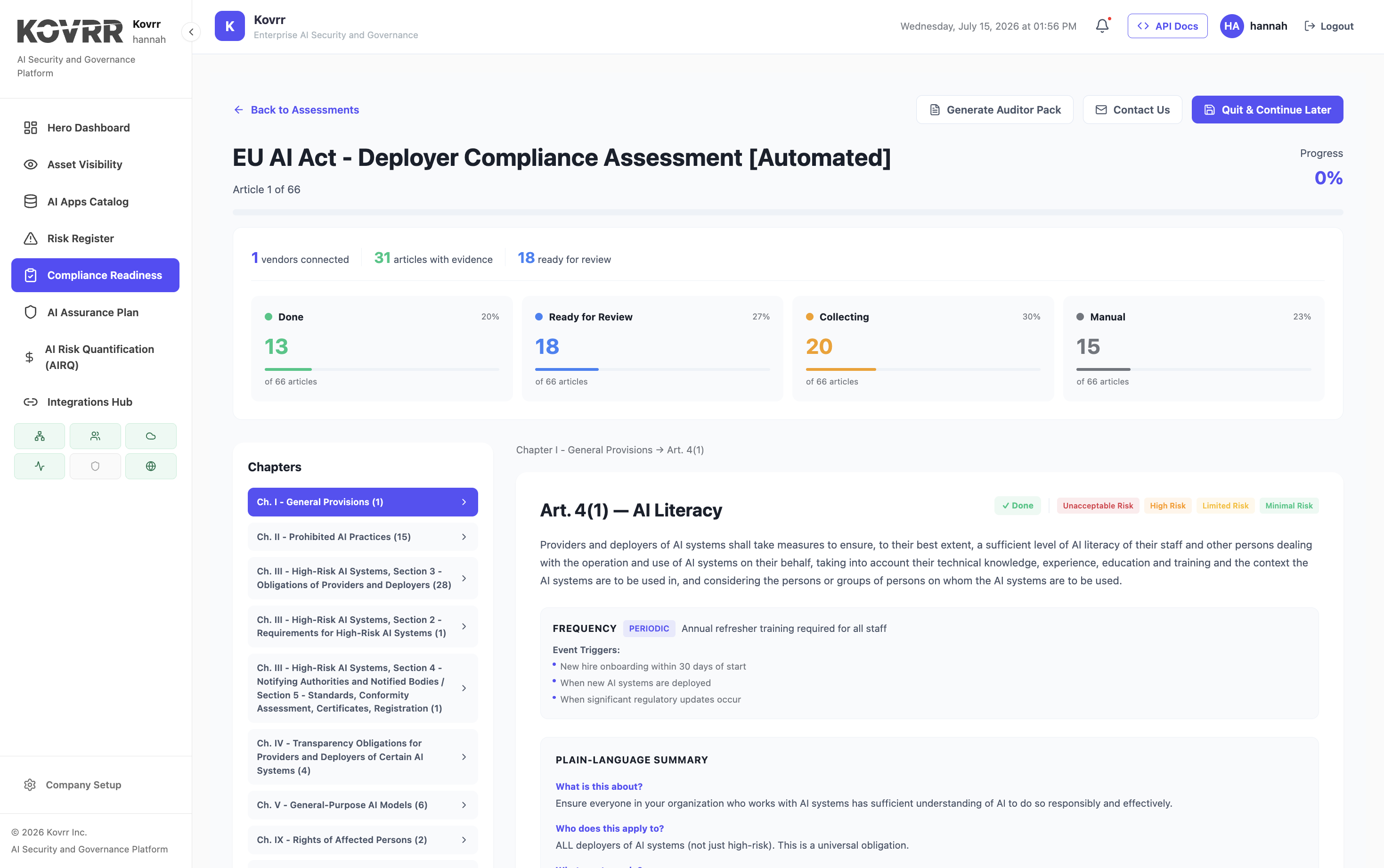 EU AI Act compliance assessment showing article-by-article progress across all 66 articles with evidence collection status