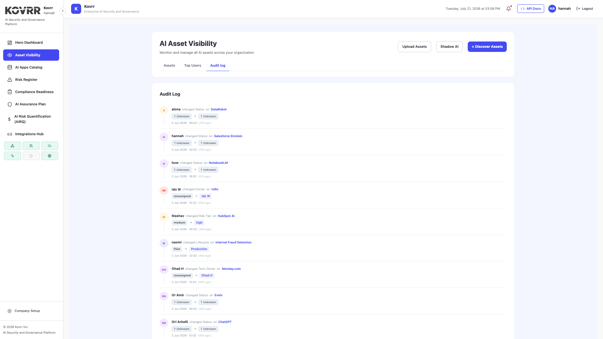 Audit log recording status changes, risk tier changes and lifecycle promotions across monitored AI assets