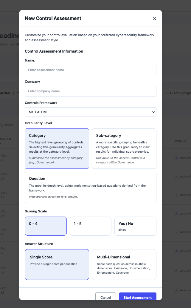 Control assessment configuration offering scoring across existence, documentation, enforcement and coverage dimensions with selectable granularity