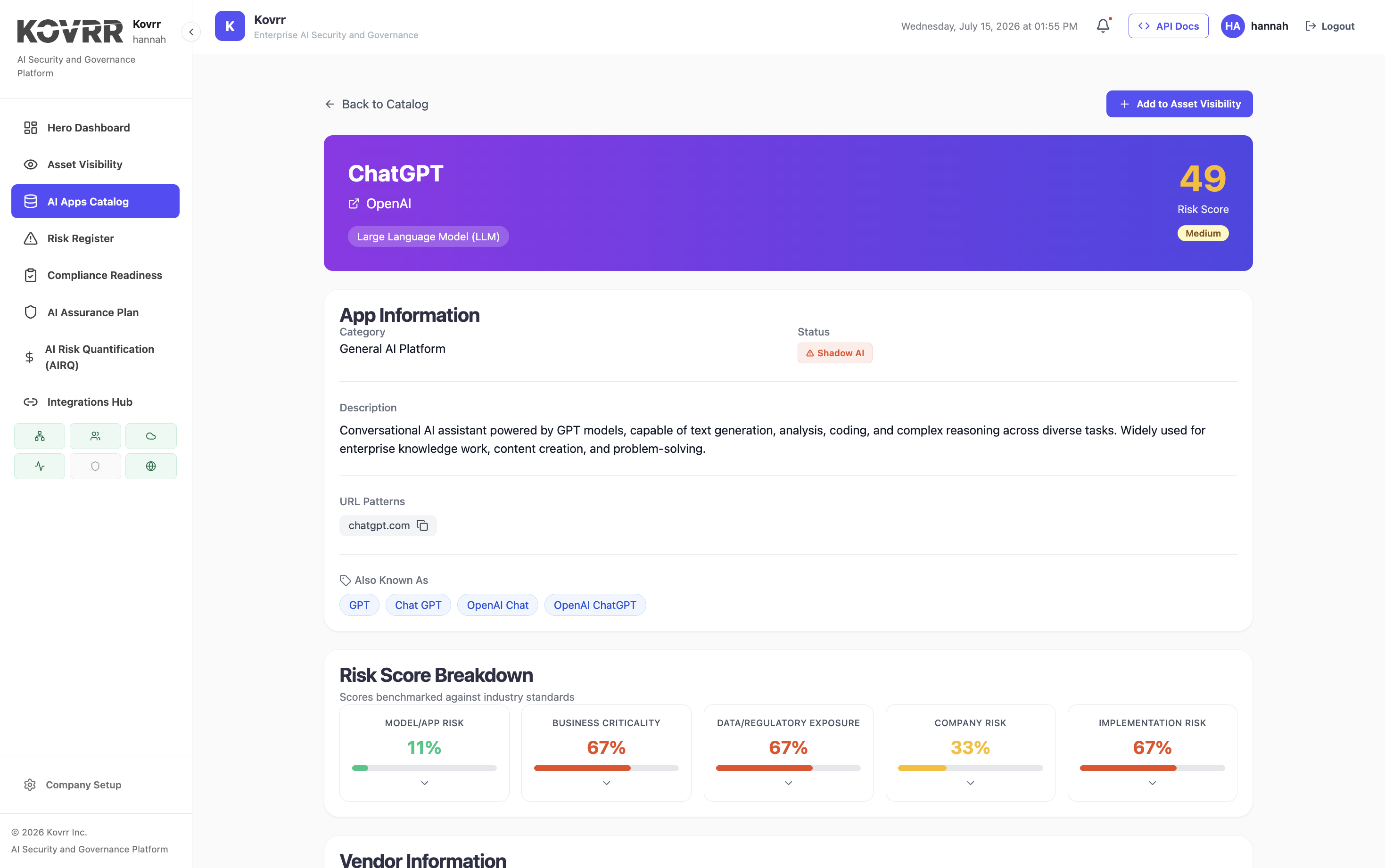 AI application detail showing shadow AI status, a medium risk score and a breakdown including data and regulatory exposure
