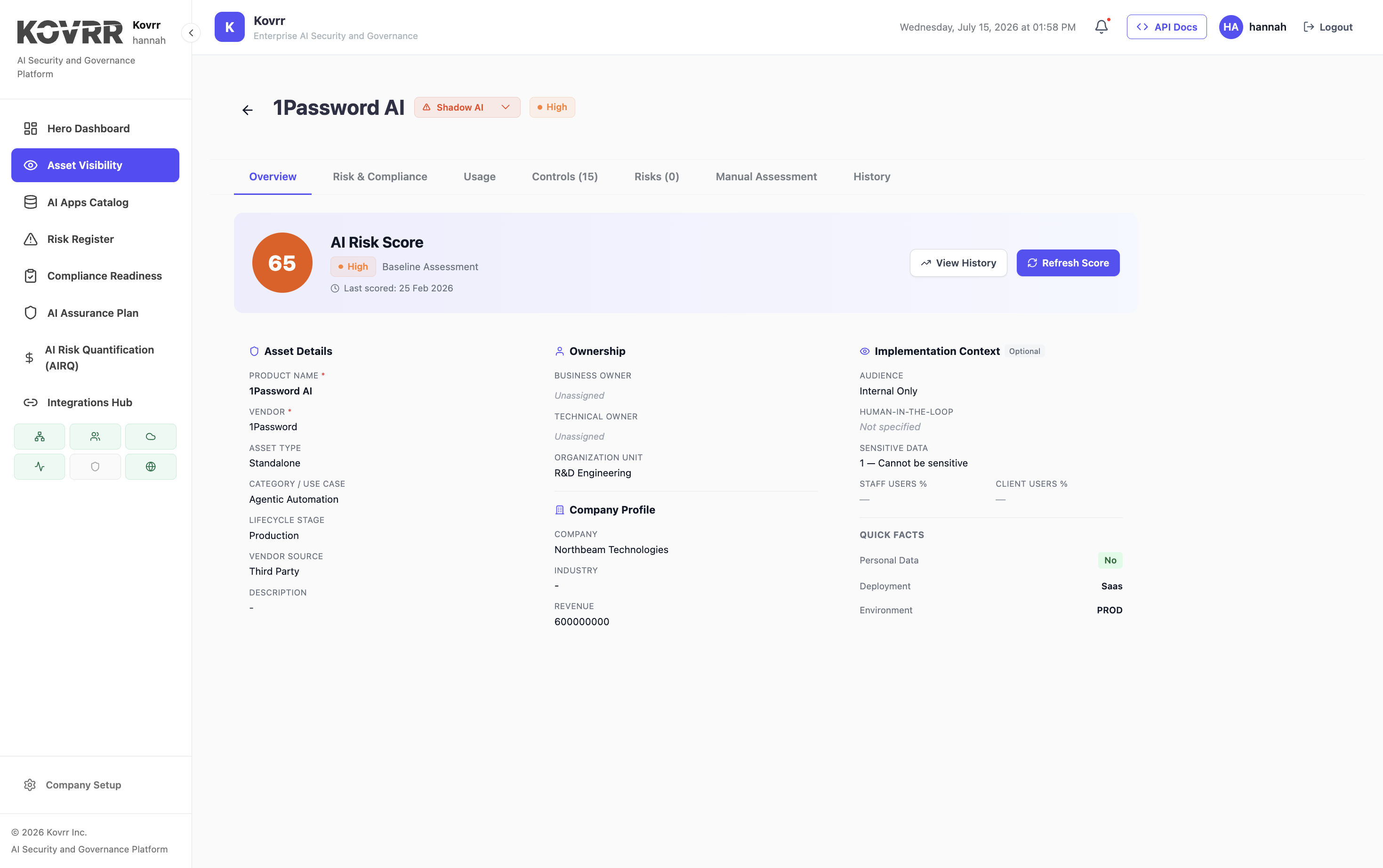 AI asset detail showing risk score, category, lifecycle stage, deployment type, sensitive data handling and human oversight configuration