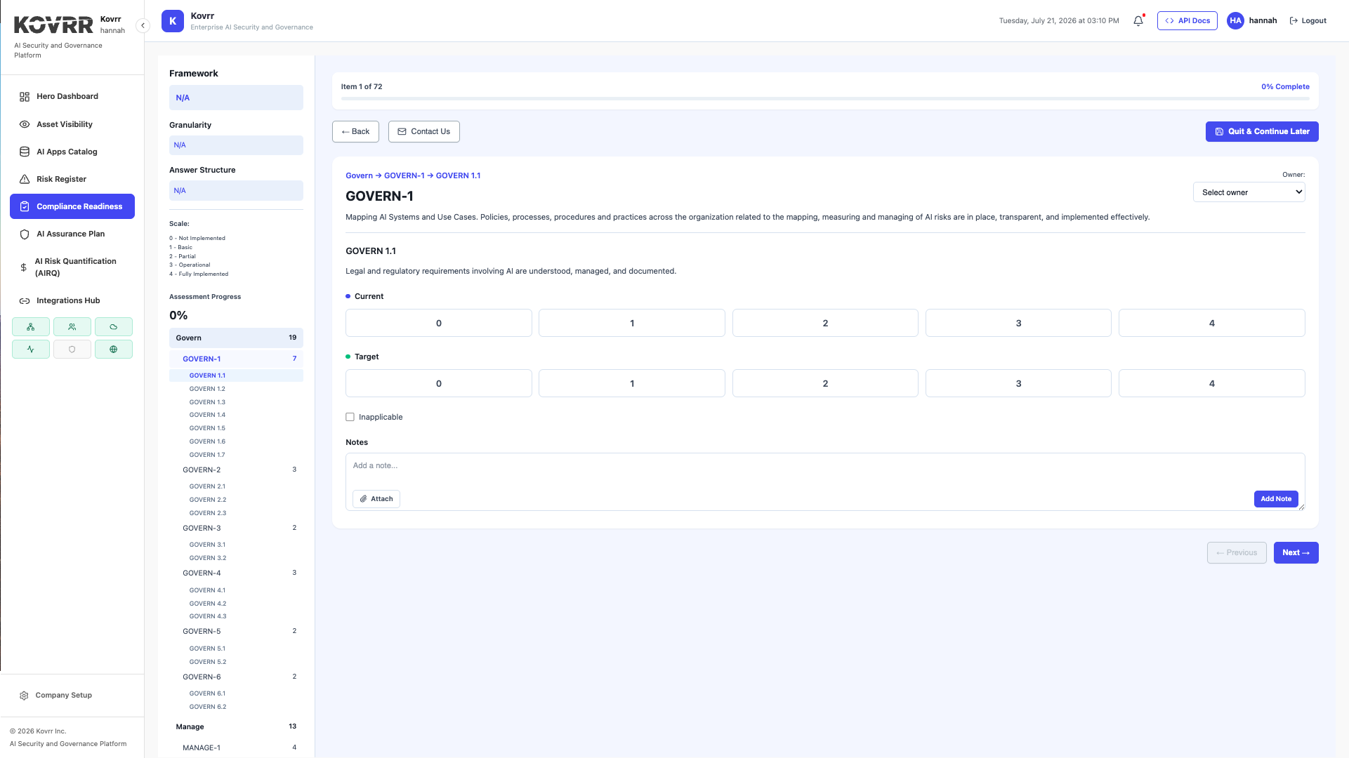 Control assessment questionnaire showing maturity scoring against a control tree with notes, attachments and owner assignment per item