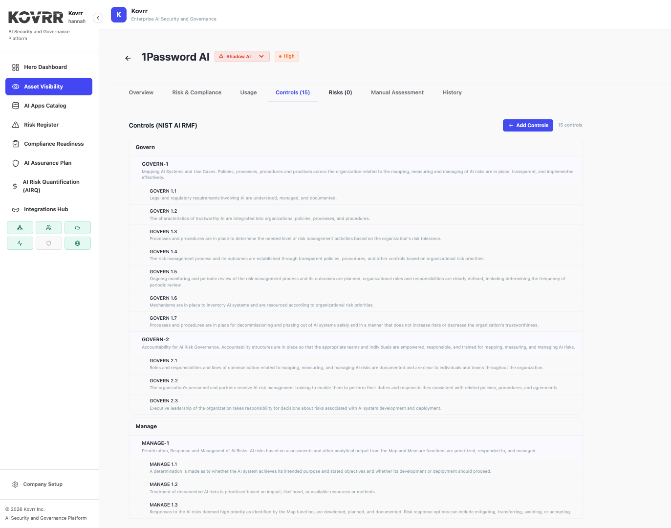 Control library showing full framework text for governance and management controls with sub-control detail