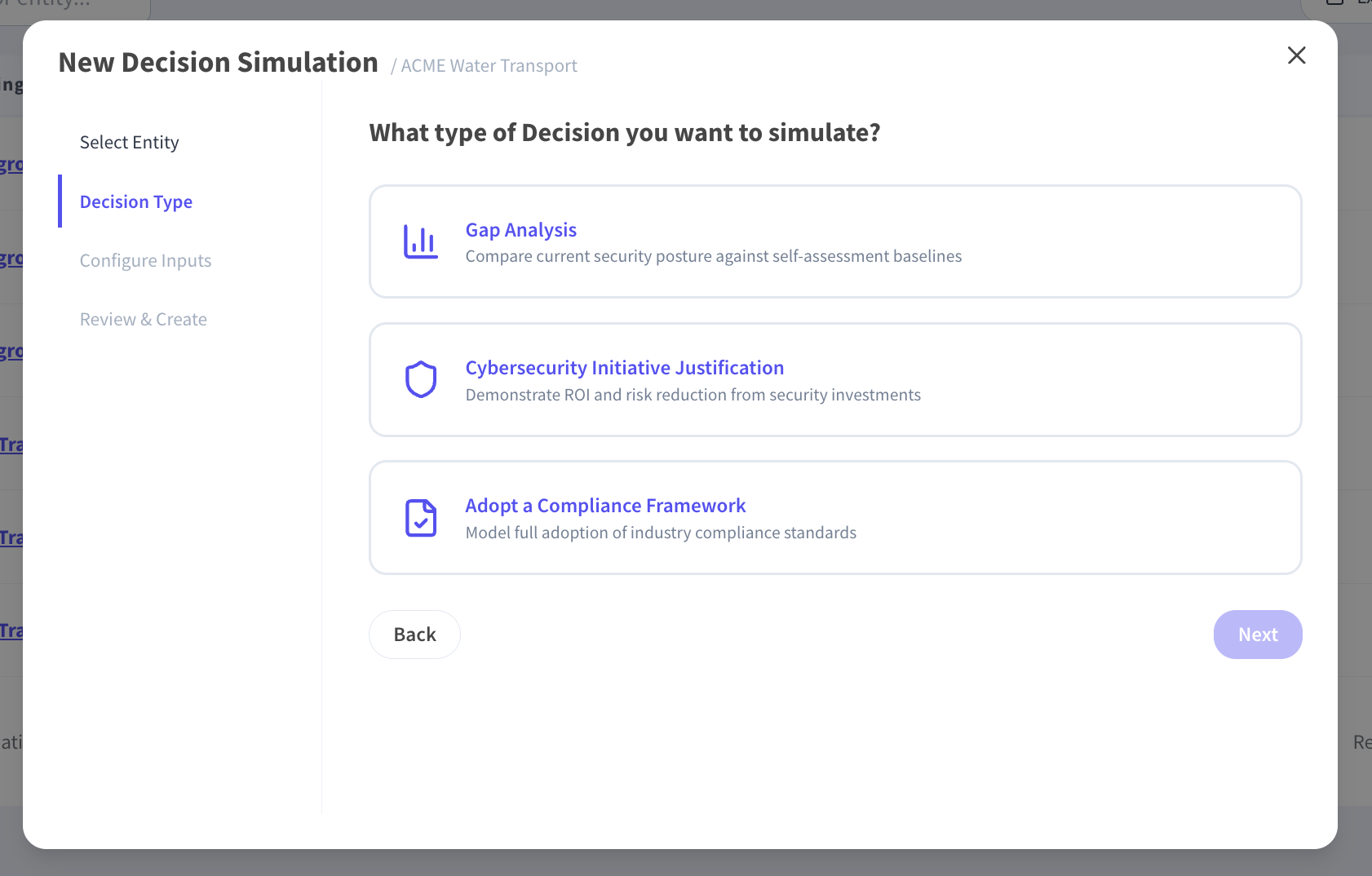 Decision simulation setup offering gap analysis, cybersecurity initiative justification and compliance framework adoption as decision types