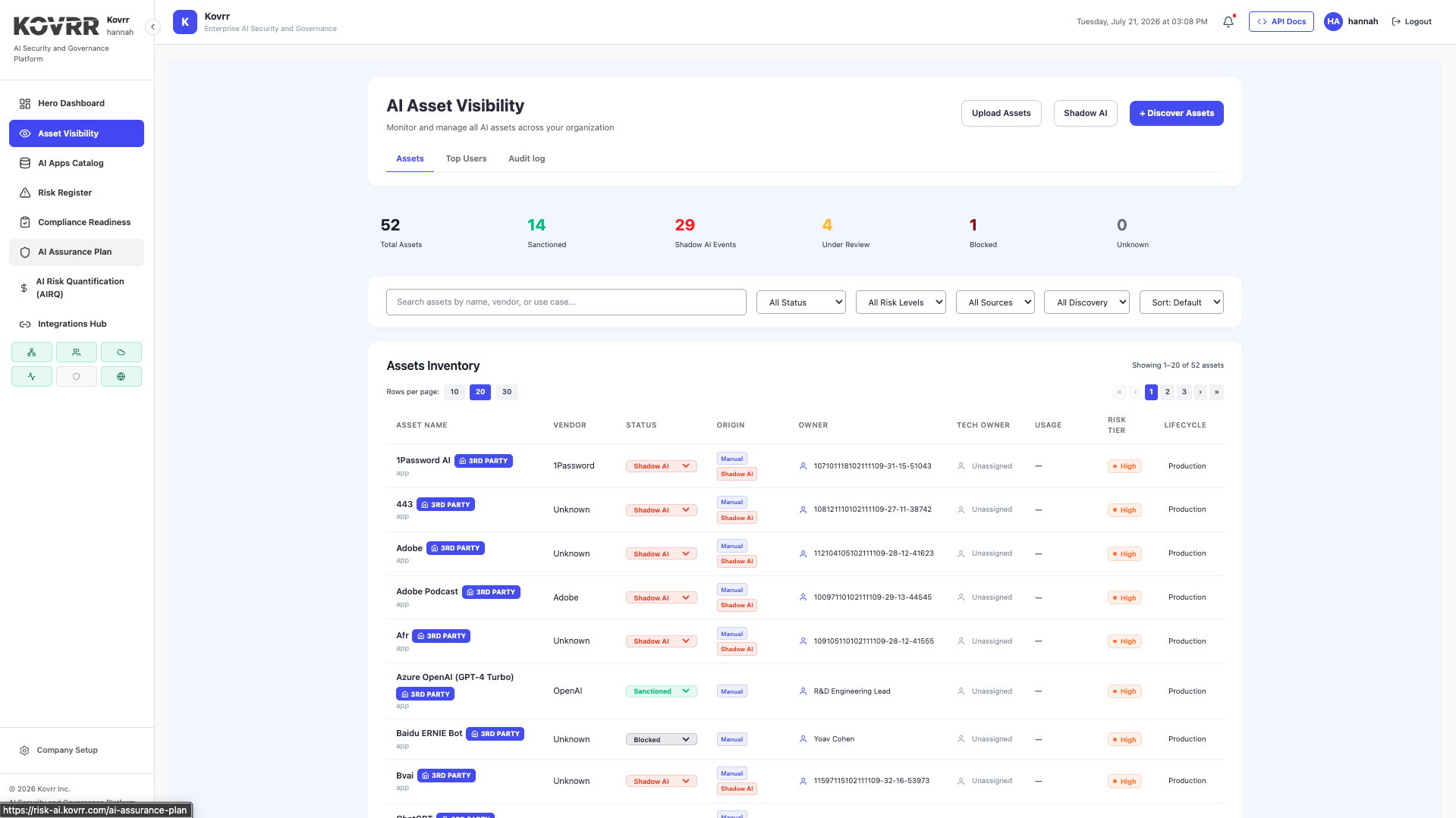 AI asset inventory showing sanctioned, shadow and blocked status per system with named owners and risk ratings