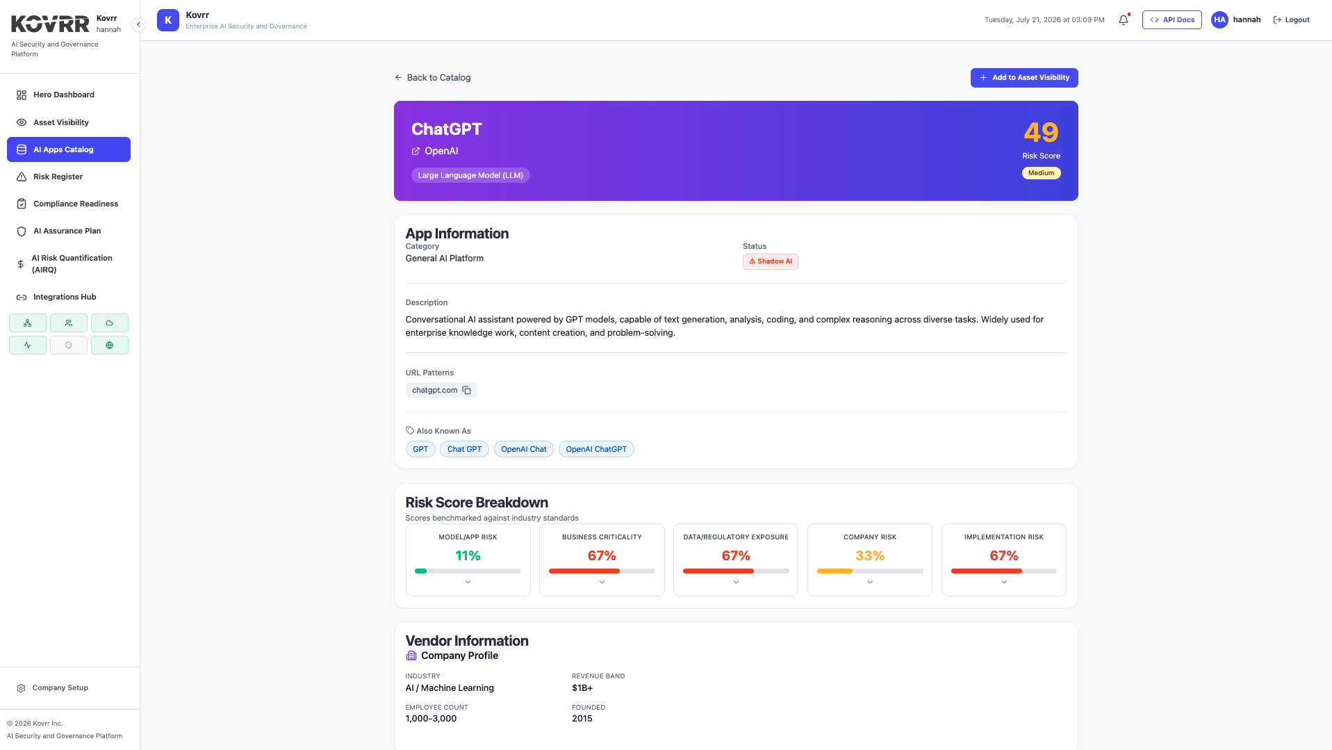 Application detail showing a vendor profile, known aliases and a risk score broken into contributing factors including data and regulatory exposure