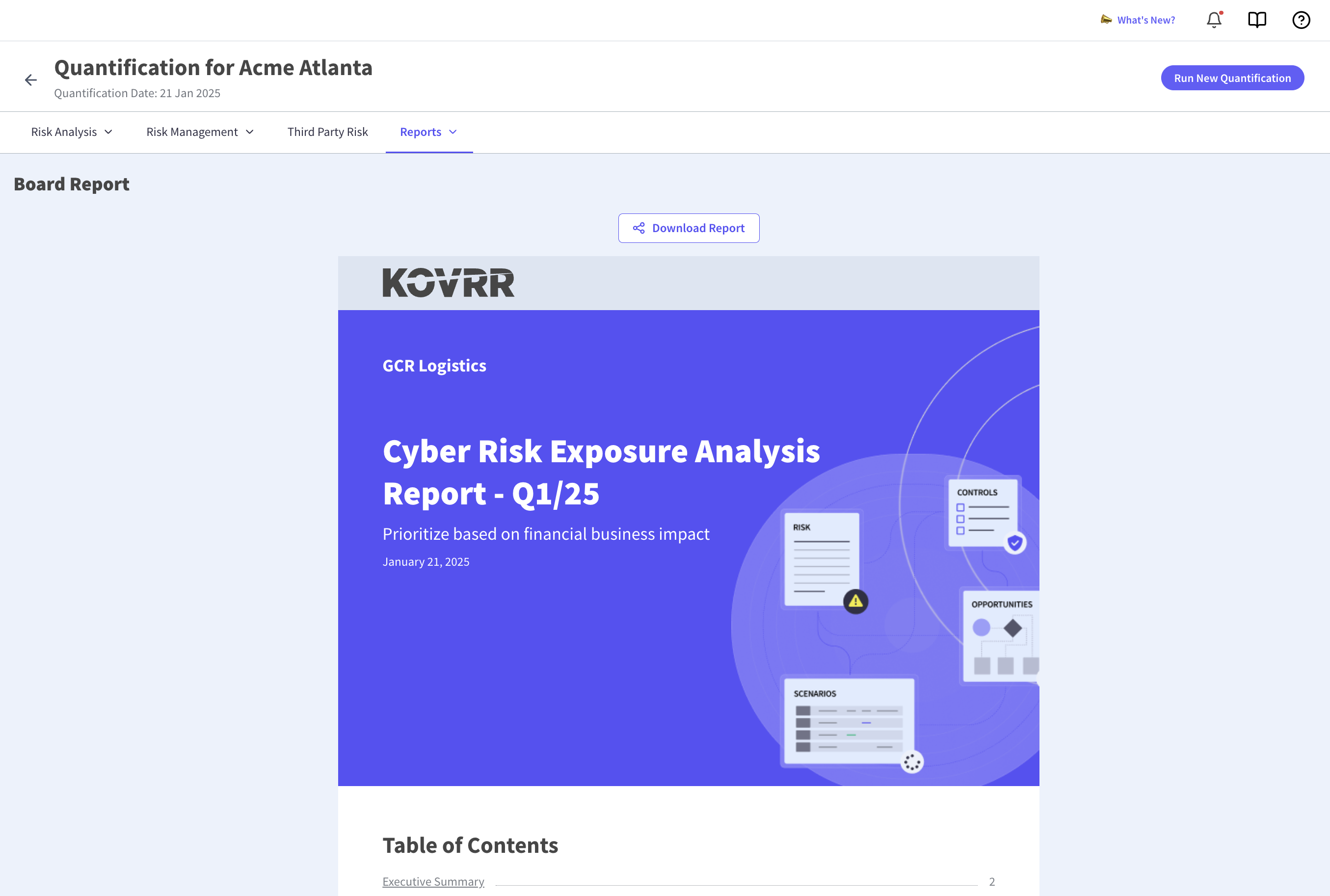 Board report generator producing a quarterly cyber risk exposure analysis with an executive summary, scenarios, controls and opportunities