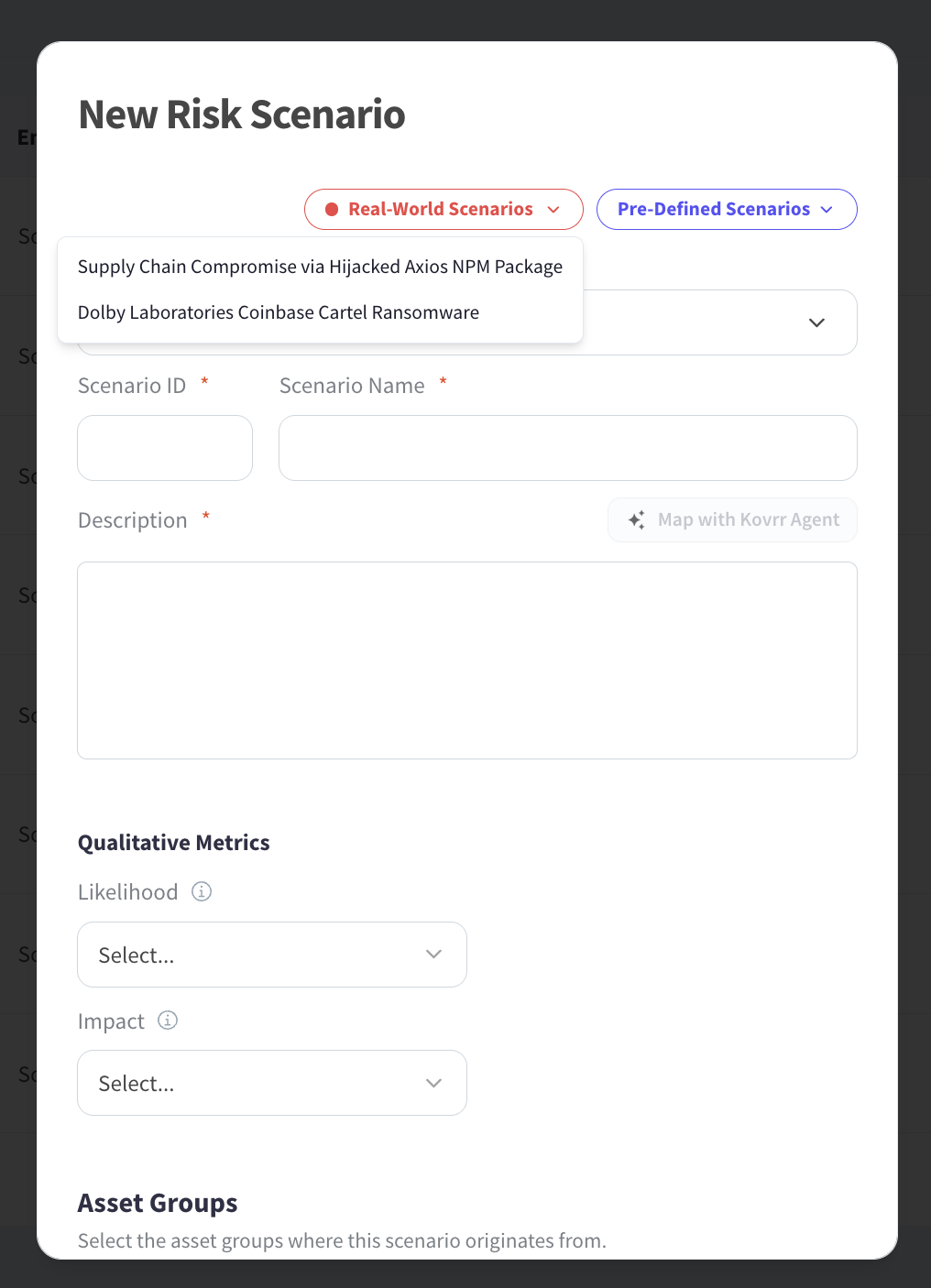 Scenario creation form with a library of real-world scenarios available for selection alongside fields for identifier, description, qualitative likelihood and impact, and asset groups