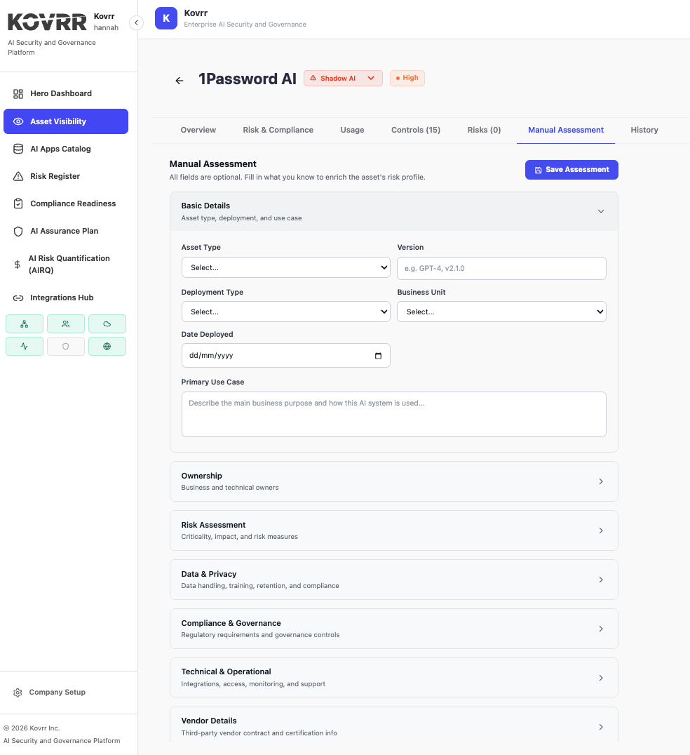 Assessment intake form with structured sections covering ownership, risk assessment, data and privacy handling, compliance and technical operations