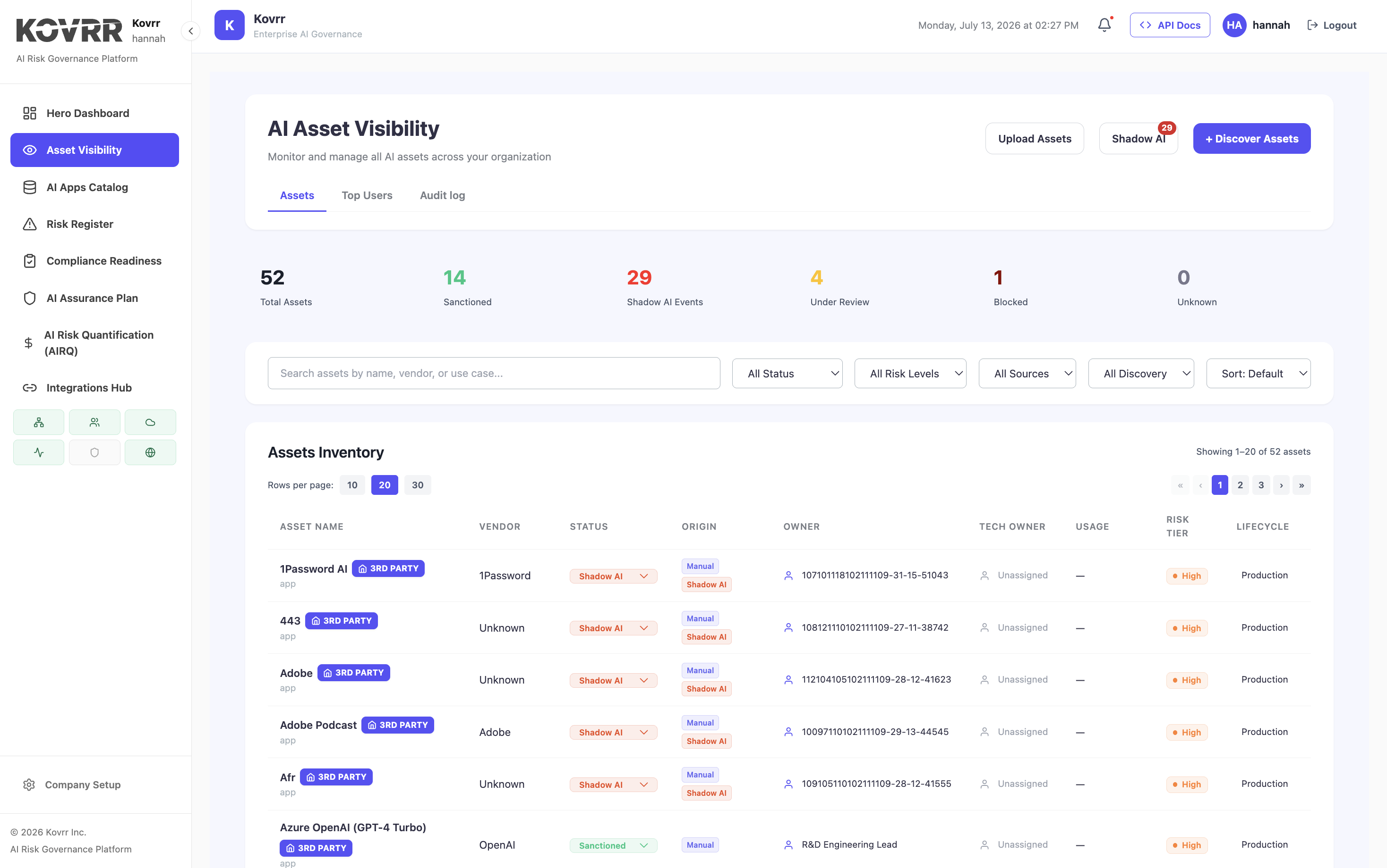 AI inventory summary showing sanctioned assets alongside shadow AI events and items under review, with the inventory table beneath