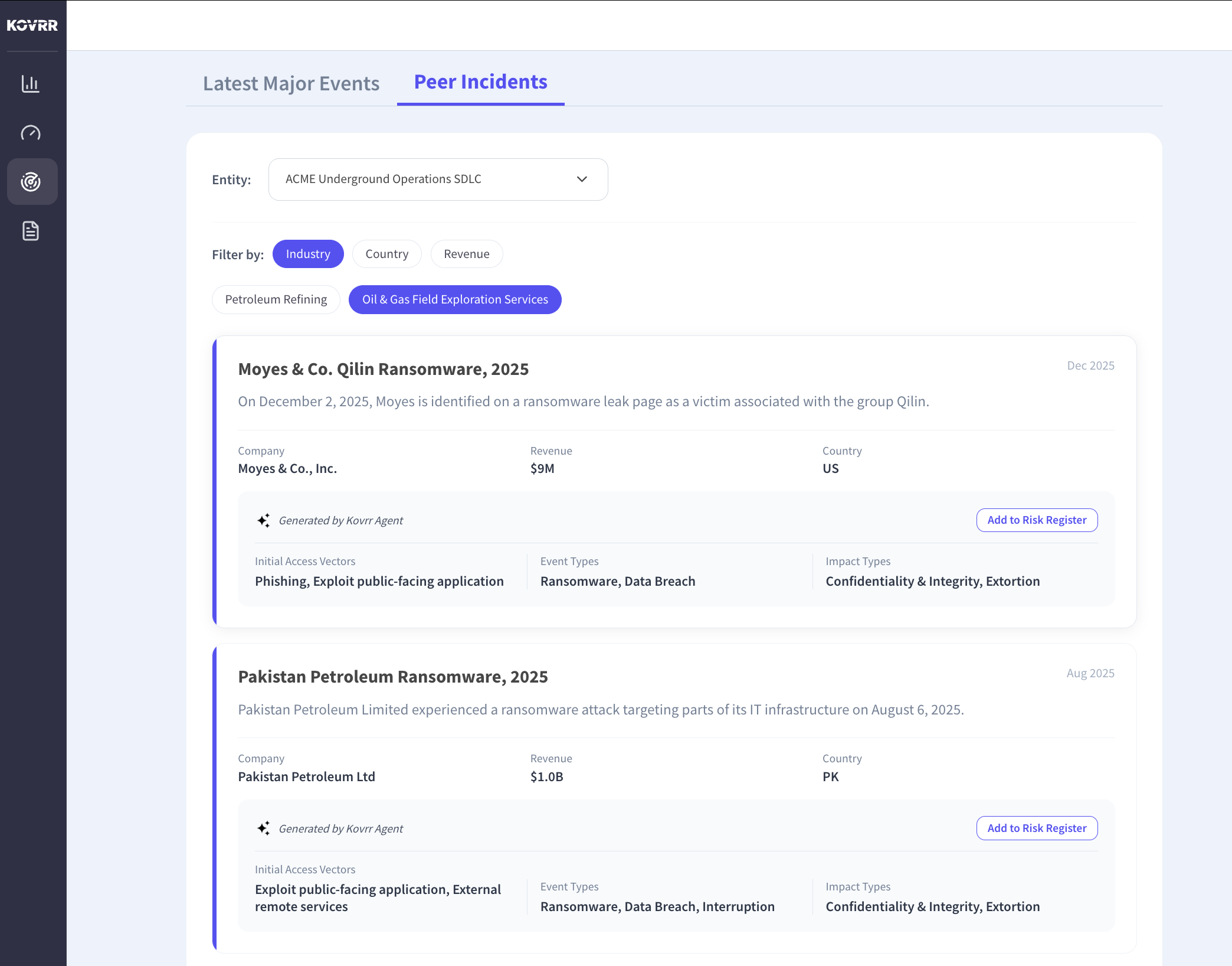 Peer incident view filtered by industry, country and revenue band showing comparable events at similar organizations