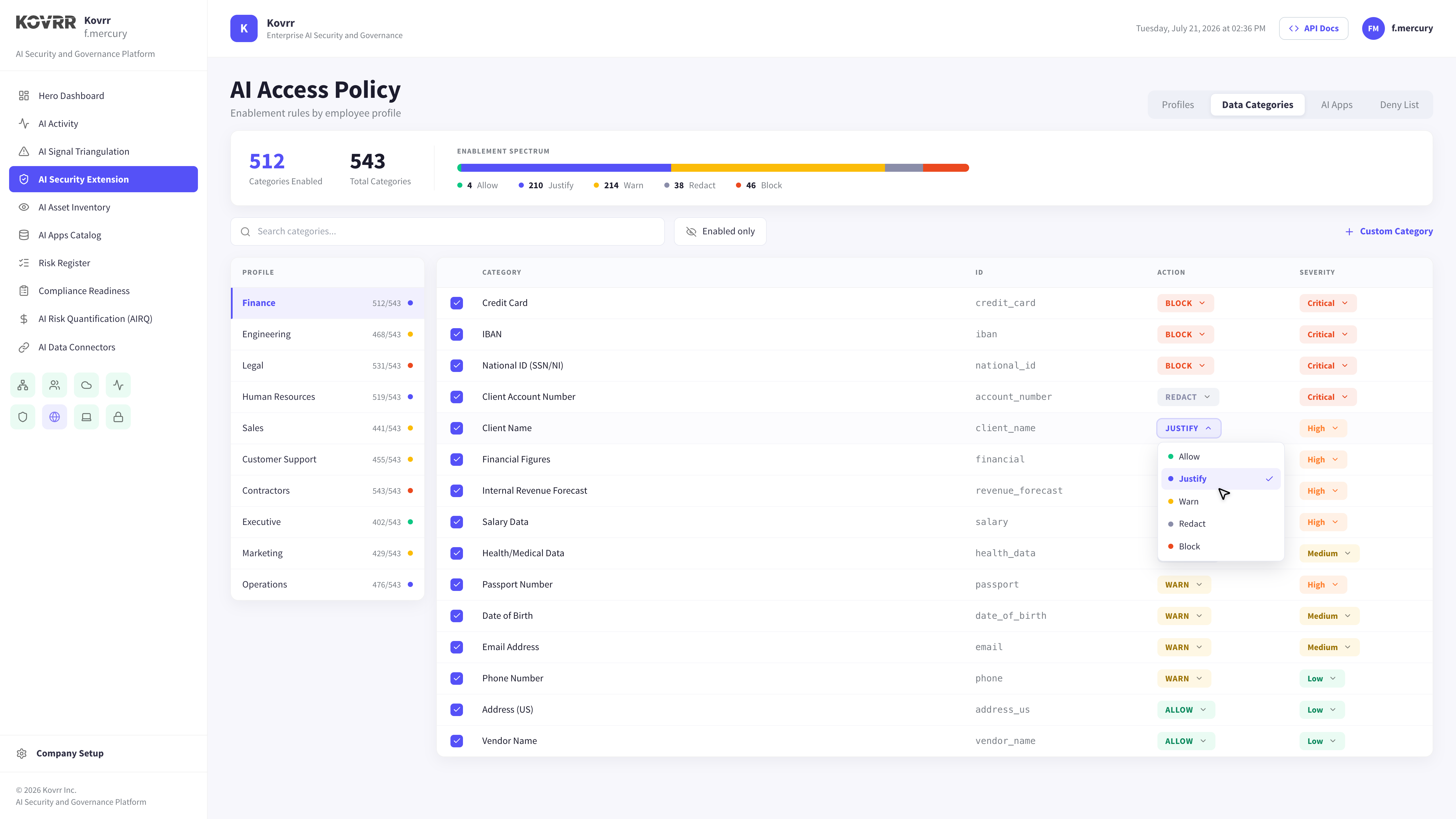 Data category policy showing per-category actions and severities, with health and date of birth categories carrying their own handling rules