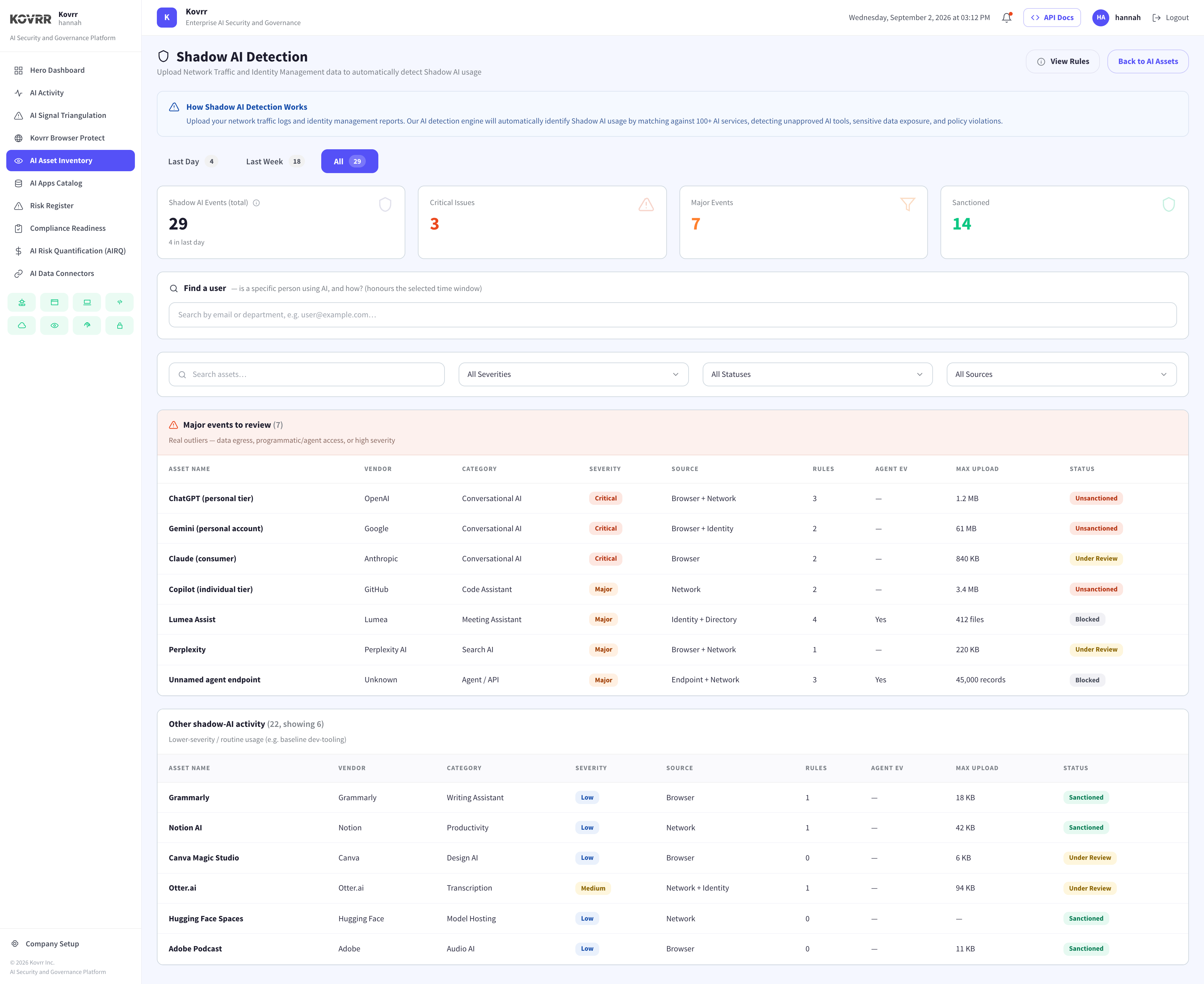 Detection view listing personal-tier and consumer accounts of AI services flagged as unsanctioned alongside sanctioned tools, with severity and upload volume per finding